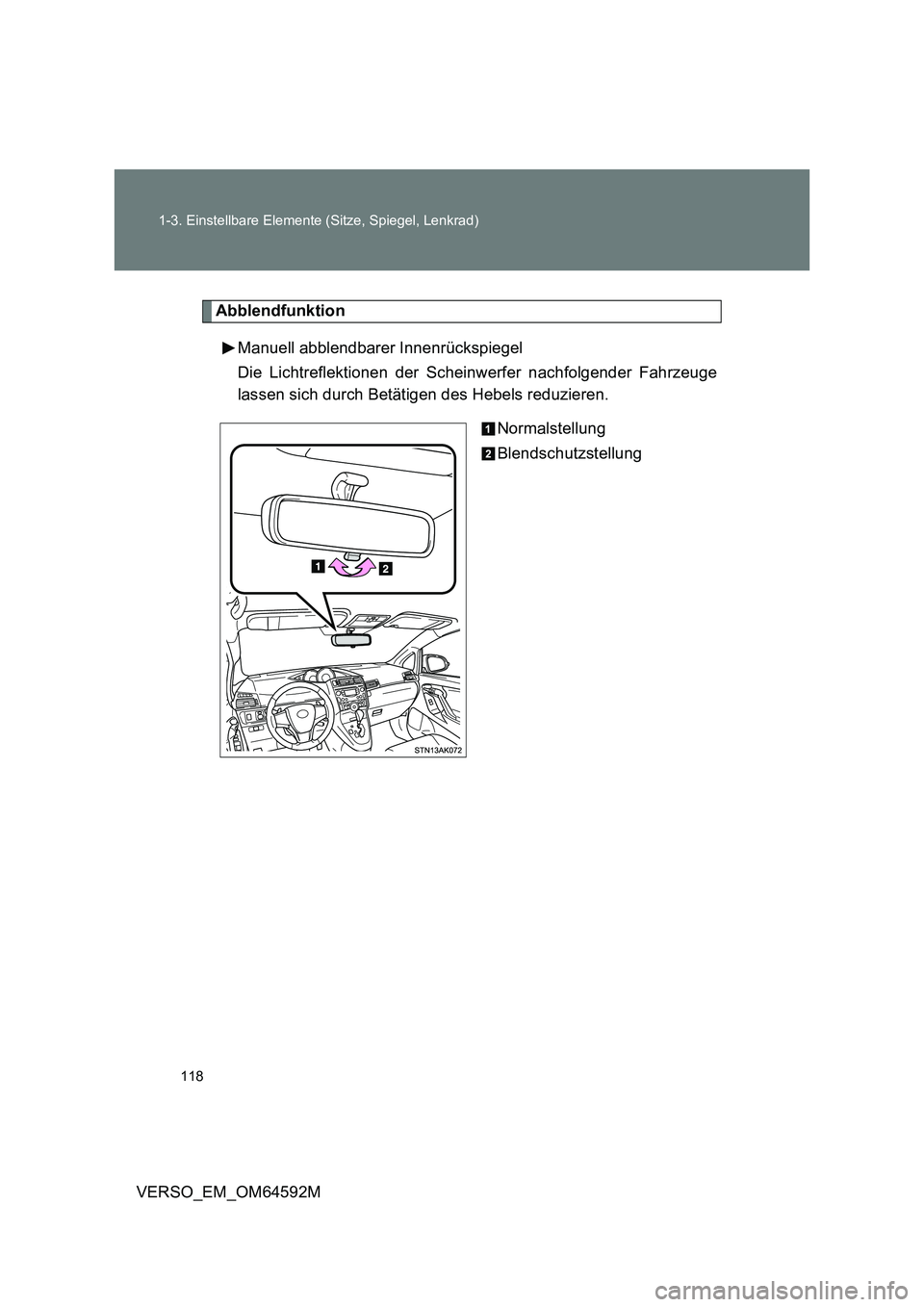 TOYOTA VERSO 2016 Betriebsanleitungen (in German) 118
1-3. Einstellbare Elemente (Sitze, Spiegel, Lenkrad)
VERSO_EM_OM64592M
Abblendfunktion
Manuell abblendbarer Innenrückspiegel
Die Lichtreflektionen der Scheinwerfer nachfolgender Fahrzeuge
las TOYOTA VERSO 2016 Betriebsanleitungen (in German) 118
1-3. Einstellbare Elemente (Sitze, Spiegel, Lenkrad)
VERSO_EM_OM64592M
Abblendfunktion
Manuell abblendbarer Innenrückspiegel
Die Lichtreflektionen der Scheinwerfer nachfolgender Fahrzeuge
las