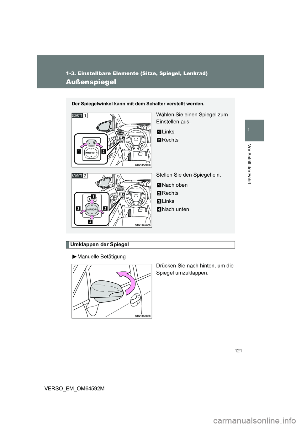 TOYOTA VERSO 2016 Betriebsanleitungen (in German) 121
1
1-3. Einstellbare Elemente (Sitze, Spiegel, Lenkrad)
Vor Antritt der Fahrt
VERSO_EM_OM64592M
Außenspiegel
Umklappen der Spiegel
Manuelle Betätigung
Drücken Sie nach hinten, um die
Spiegel TOYOTA VERSO 2016 Betriebsanleitungen (in German) 121
1
1-3. Einstellbare Elemente (Sitze, Spiegel, Lenkrad)
Vor Antritt der Fahrt
VERSO_EM_OM64592M
Außenspiegel
Umklappen der Spiegel
Manuelle Betätigung
Drücken Sie nach hinten, um die
Spiegel