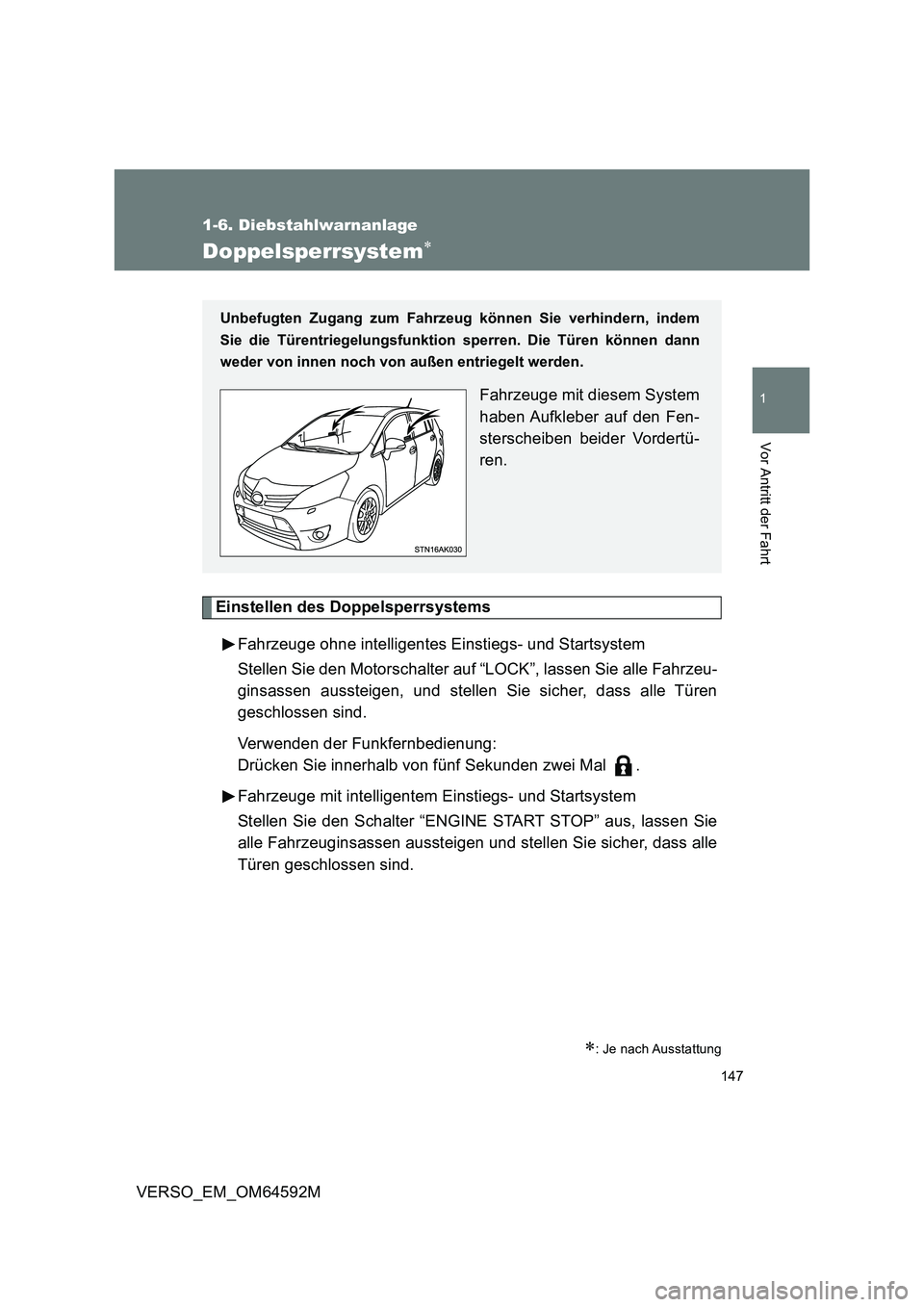 TOYOTA VERSO 2016  Betriebsanleitungen (in German) 147
1
1-6. Diebstahlwarnanlage
Vor Antritt der Fahrt
VERSO_EM_OM64592M
Doppelsperrsystem
Einstellen des Doppelsperrsystems 
Fahrzeuge ohne intelligentes Einstiegs- und Startsystem 
Stellen Sie den 