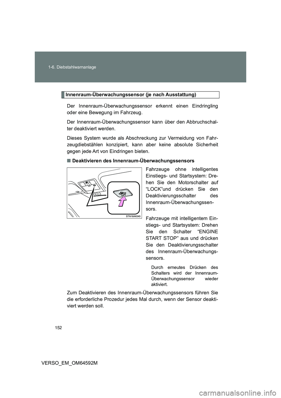TOYOTA VERSO 2016 Betriebsanleitungen (in German) 152
1-6. Diebstahlwarnanlage
VERSO_EM_OM64592M
Innenraum-Überwachungssensor (je nach Ausstattung)
Der Innenraum-Überwachungssensor erkennt einen Eindringling
oder eine Bewegung im Fahrzeug.
Der TOYOTA VERSO 2016 Betriebsanleitungen (in German) 152
1-6. Diebstahlwarnanlage
VERSO_EM_OM64592M
Innenraum-Überwachungssensor (je nach Ausstattung)
Der Innenraum-Überwachungssensor erkennt einen Eindringling
oder eine Bewegung im Fahrzeug.
Der