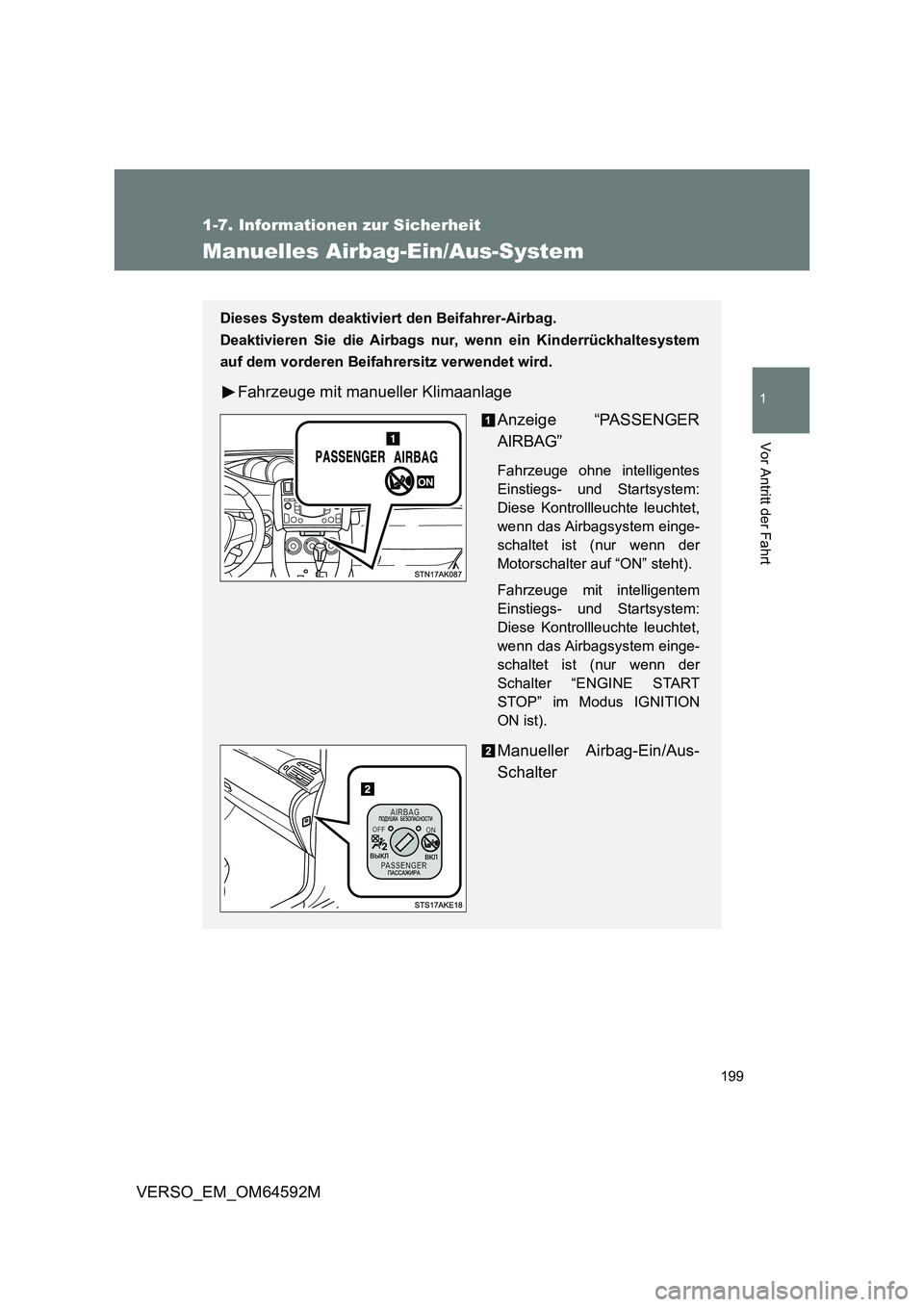 TOYOTA VERSO 2016 Betriebsanleitungen (in German) 199
1
1-7. Informationen zur Sicherheit
Vor Antritt der Fahrt
VERSO_EM_OM64592M
Manuelles Airbag-Ein/Aus-System
Dieses System deaktiviert den Beifahrer-Airbag.
Deaktivieren Sie die Airbags nur, wenn TOYOTA VERSO 2016 Betriebsanleitungen (in German) 199
1
1-7. Informationen zur Sicherheit
Vor Antritt der Fahrt
VERSO_EM_OM64592M
Manuelles Airbag-Ein/Aus-System
Dieses System deaktiviert den Beifahrer-Airbag.
Deaktivieren Sie die Airbags nur, wenn