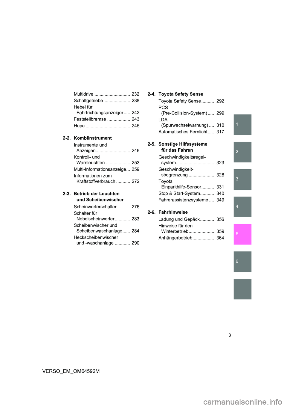 TOYOTA VERSO 2016  Betriebsanleitungen (in German) 1
2
3
4
5
6
3
VERSO_EM_OM64592M
Multidrive ............................  232 
Schaltgetriebe .....................  238 
Hebel für  
Fahrtrichtungsanzeiger .....  242 
Feststellbremse ...............