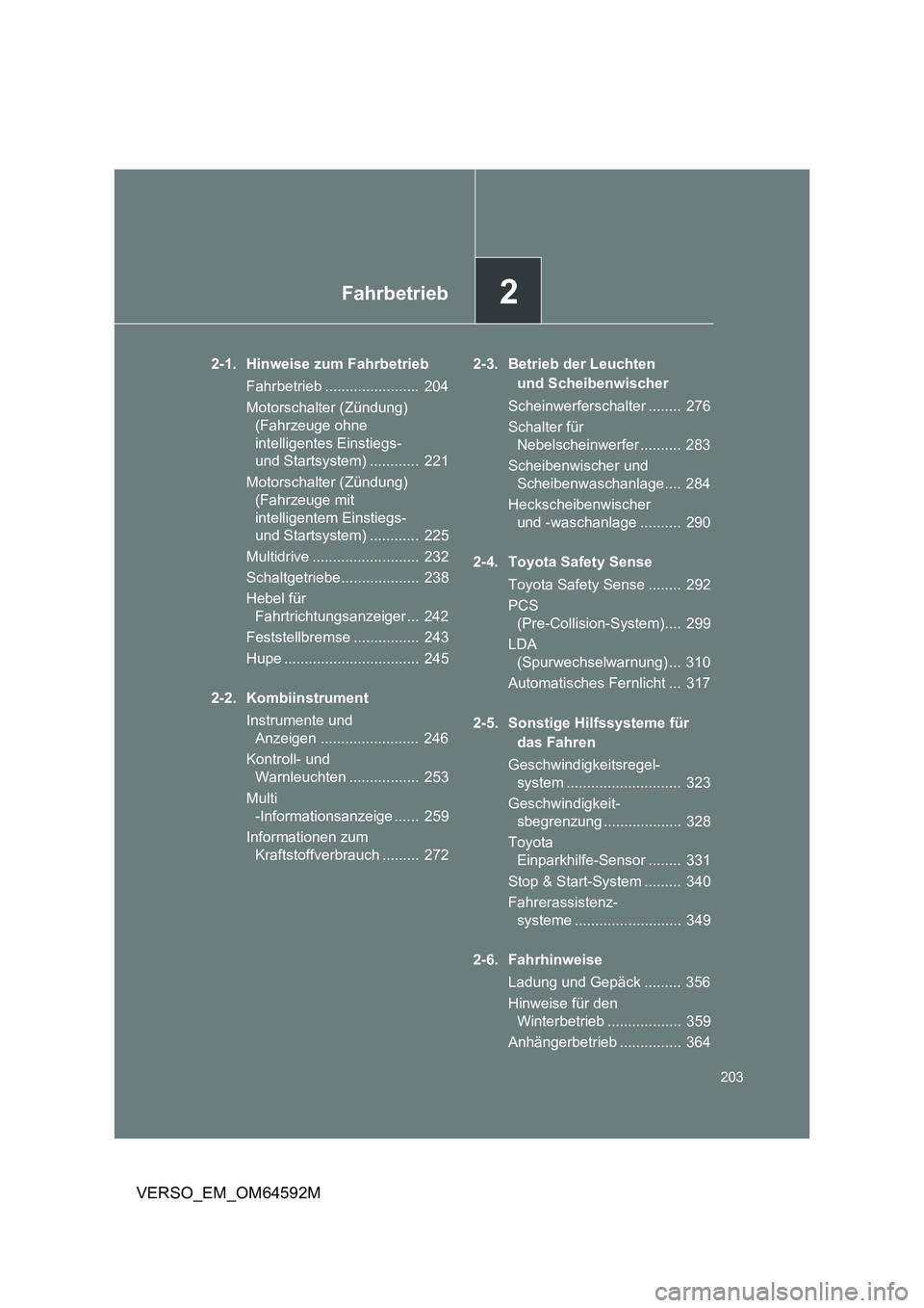TOYOTA VERSO 2016  Betriebsanleitungen (in German) 2Fahrbetrieb
203
VERSO_EM_OM64592M
2-1. Hinweise zum Fahrbetrieb 
Fahrbetrieb .......................  204 
Motorschalter (Zündung)  
(Fahrzeuge ohne 
intelligentes Einstiegs-  
und Startsystem) ....