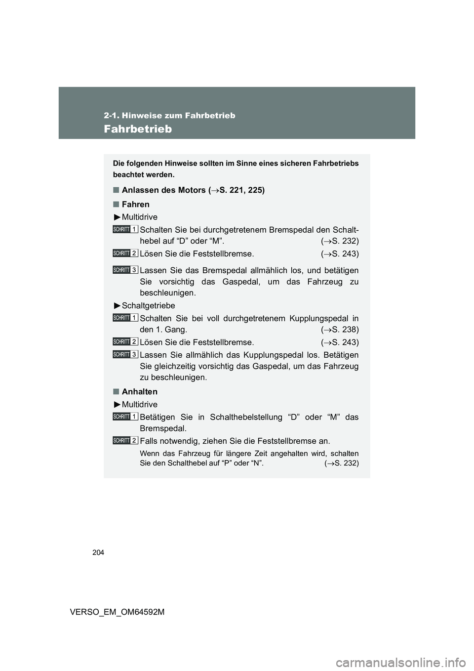 TOYOTA VERSO 2016  Betriebsanleitungen (in German) 204
VERSO_EM_OM64592M
2-1. Hinweise zum Fahrbetrieb
Fahrbetrieb
Die folgenden Hinweise sollten im Sinne eines sicheren Fahrbetriebs 
beachtet werden.
■ Anlassen des Motors (S. 221, 225) 
■ Fahr