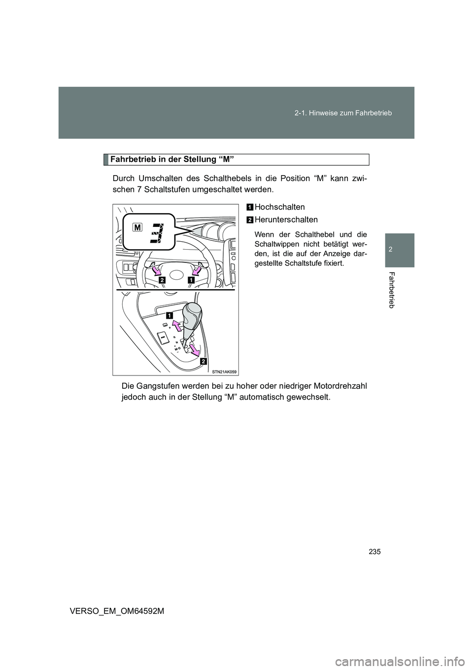 TOYOTA VERSO 2016  Betriebsanleitungen (in German) 235 
2-1. Hinweise zum Fahrbetrieb
2
Fahrbetrieb
VERSO_EM_OM64592M
Fahrbetrieb in der Stellung “M” 
Durch Umschalten des Schalthebels in die Position “M” kann zwi- 
schen 7 Schaltstufen umgesc