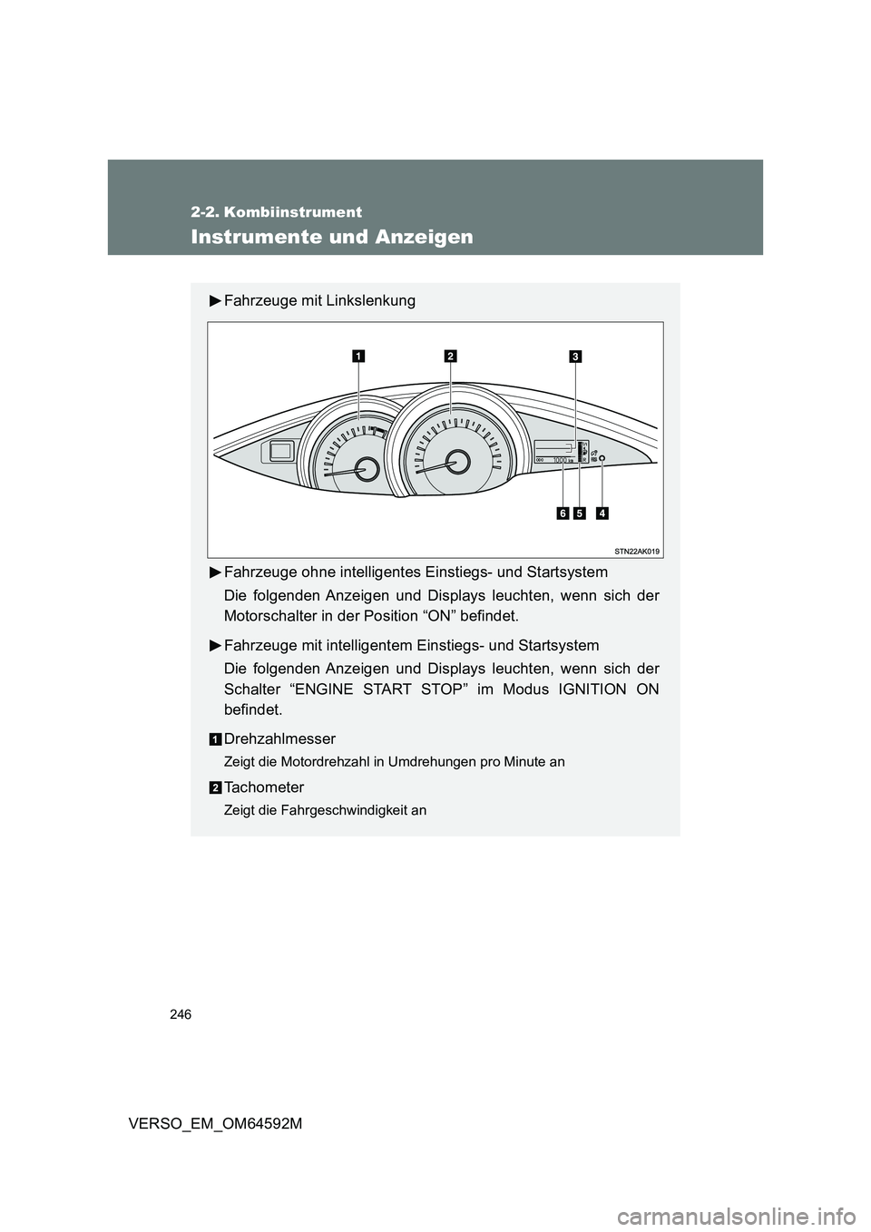 TOYOTA VERSO 2016  Betriebsanleitungen (in German) 246
VERSO_EM_OM64592M
2-2. Kombiinstrument
Instrumente und Anzeigen
Fahrzeuge mit Linkslenkung 
Fahrzeuge ohne intelligentes Einstiegs- und Startsystem 
Die folgenden Anzeigen und Displays leuchten, w