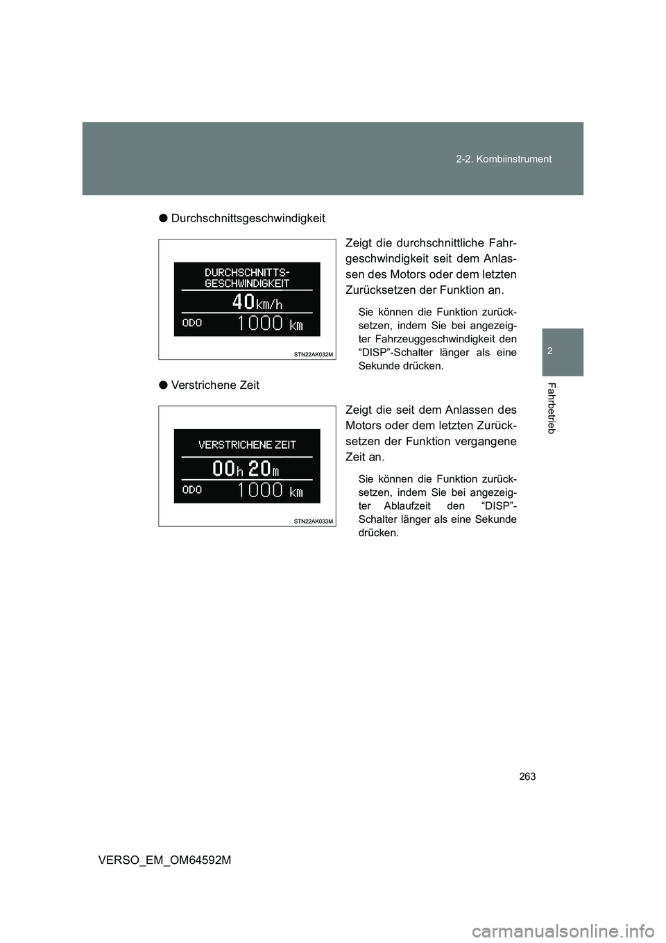 TOYOTA VERSO 2016  Betriebsanleitungen (in German) 263 
2-2. Kombiinstrument
2
Fahrbetrieb
VERSO_EM_OM64592M 
● Durchschnittsgeschwindigkeit 
Zeigt die durchschnittliche Fahr- 
geschwindigkeit seit dem Anlas- 
sen des Motors oder dem letzten
Zurück