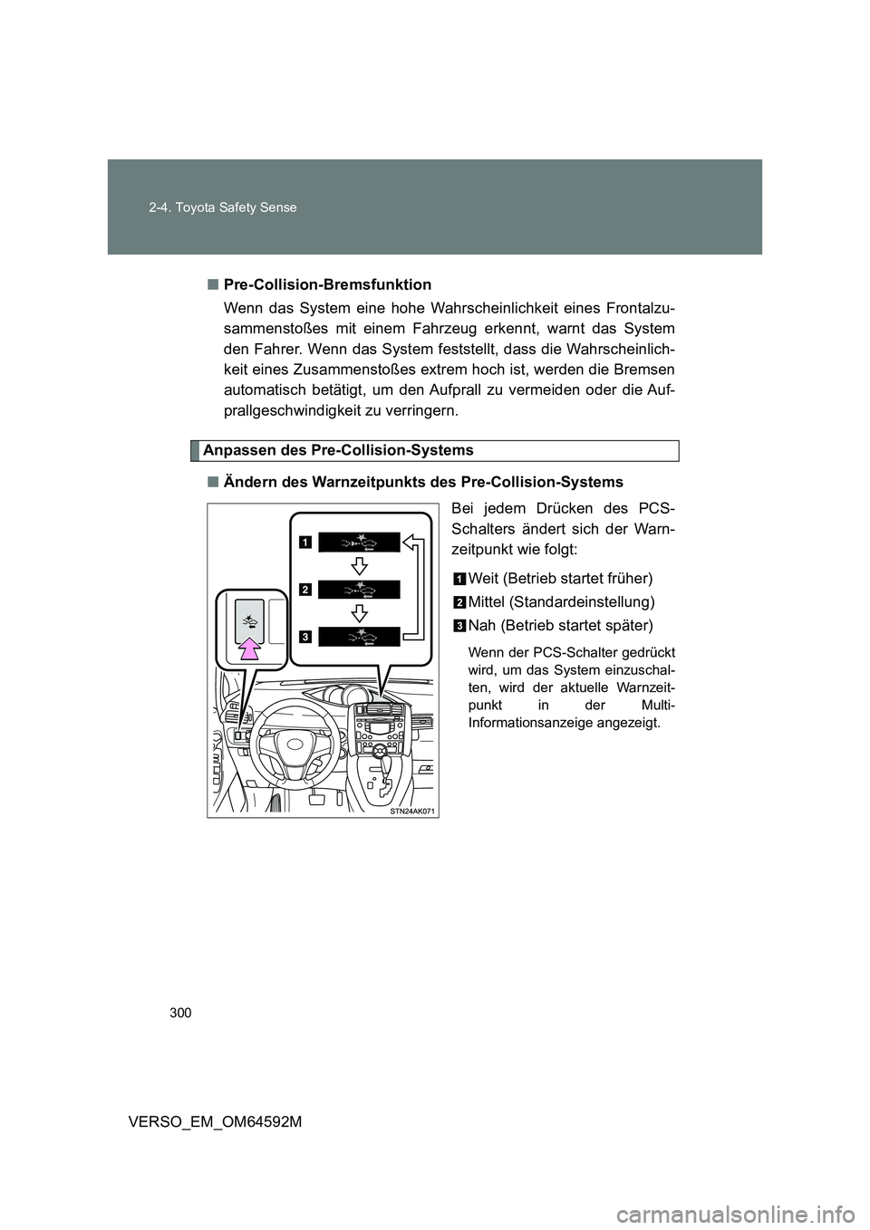 TOYOTA VERSO 2016 Betriebsanleitungen (in German) 300
2-4. Toyota Safety Sense
VERSO_EM_OM64592M
■ Pre-Collision-Bremsfunktion
Wenn das System eine hohe Wahrscheinlichkeit eines Frontalzu-
sammenstoßes mit einem Fahrzeug erkennt, warnt das Sys TOYOTA VERSO 2016 Betriebsanleitungen (in German) 300
2-4. Toyota Safety Sense
VERSO_EM_OM64592M
■ Pre-Collision-Bremsfunktion
Wenn das System eine hohe Wahrscheinlichkeit eines Frontalzu-
sammenstoßes mit einem Fahrzeug erkennt, warnt das Sys