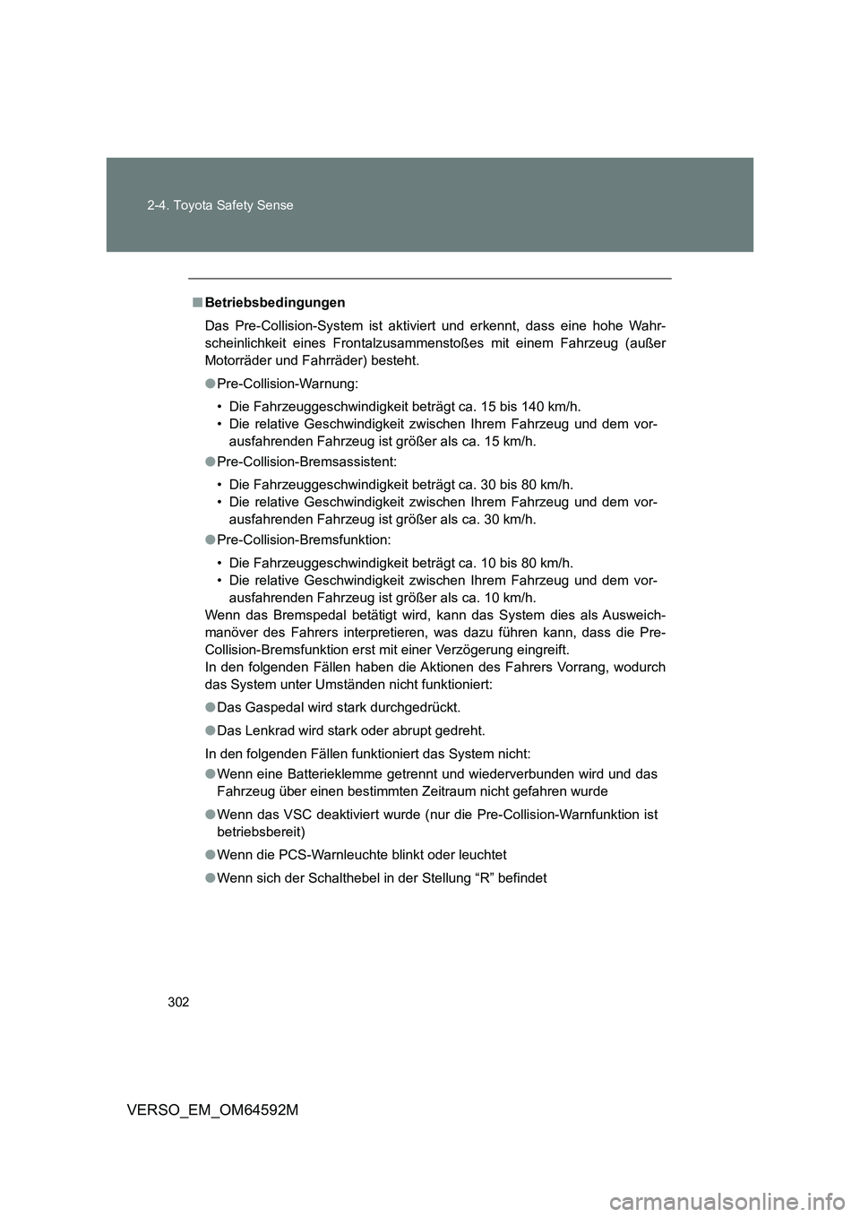 TOYOTA VERSO 2016 Betriebsanleitungen (in German) 302
2-4. Toyota Safety Sense
VERSO_EM_OM64592M
■ Betriebsbedingungen
Das Pre-Collision-System ist aktiviert und erkennt, dass eine hohe Wahr-
scheinlichkeit eines Frontalzusamm enstoßes mit eine TOYOTA VERSO 2016 Betriebsanleitungen (in German) 302
2-4. Toyota Safety Sense
VERSO_EM_OM64592M
■ Betriebsbedingungen
Das Pre-Collision-System ist aktiviert und erkennt, dass eine hohe Wahr-
scheinlichkeit eines Frontalzusamm enstoßes mit eine