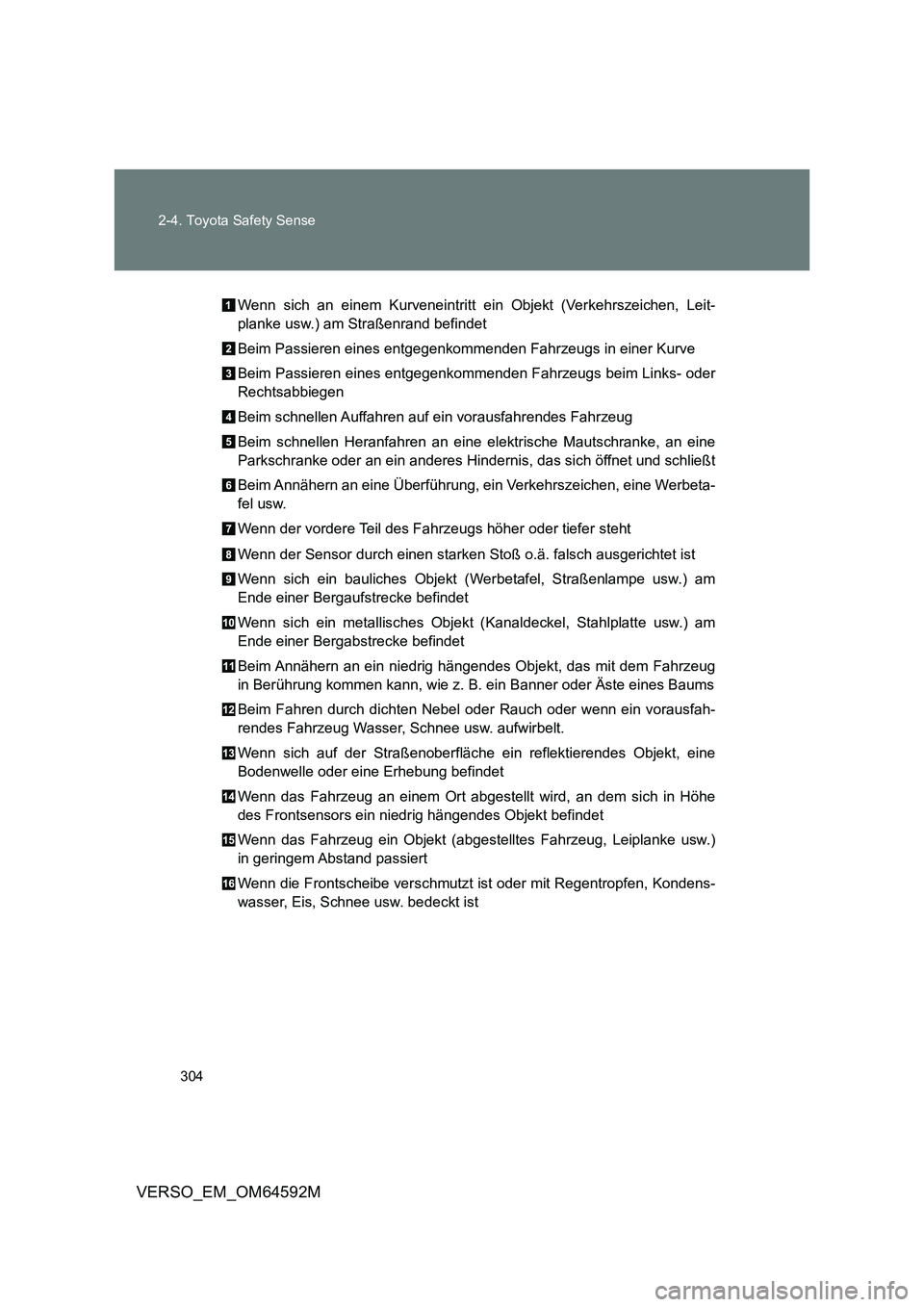 TOYOTA VERSO 2016 Betriebsanleitungen (in German) 304
2-4. Toyota Safety Sense
VERSO_EM_OM64592M
Wenn sich an einem Kurveneintritt ei n Objekt (Verkehrszeichen, Leit-
planke usw.) am Straßenrand befindet
Beim Passieren eines entgegenkommenden Fah TOYOTA VERSO 2016 Betriebsanleitungen (in German) 304
2-4. Toyota Safety Sense
VERSO_EM_OM64592M
Wenn sich an einem Kurveneintritt ei n Objekt (Verkehrszeichen, Leit-
planke usw.) am Straßenrand befindet
Beim Passieren eines entgegenkommenden Fah
