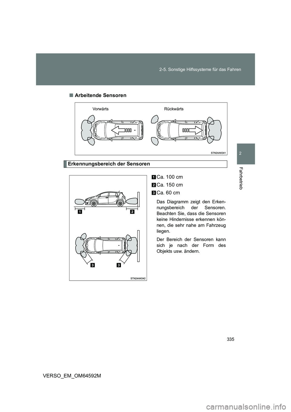 TOYOTA VERSO 2016 Betriebsanleitungen (in German) 335
2-5. Sonstige Hilfssysteme für das Fahren
2
Fahrbetrieb
VERSO_EM_OM64592M
■ Arbeitende Sensoren
Erkennungsbereich der Sensoren
Ca. 100 cm
Ca. 150 cm
Ca. 60 cm
Das Diagramm zeigt den Erken- TOYOTA VERSO 2016 Betriebsanleitungen (in German) 335
2-5. Sonstige Hilfssysteme für das Fahren
2
Fahrbetrieb
VERSO_EM_OM64592M
■ Arbeitende Sensoren
Erkennungsbereich der Sensoren
Ca. 100 cm
Ca. 150 cm
Ca. 60 cm
Das Diagramm zeigt den Erken-