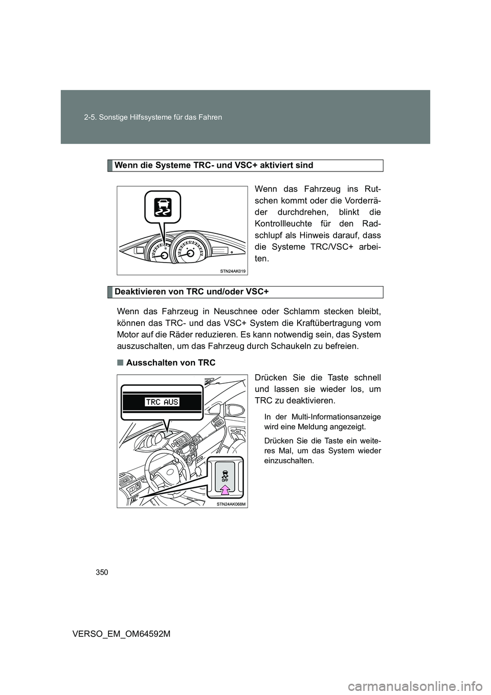 TOYOTA VERSO 2016 Betriebsanleitungen (in German) 350
2-5. Sonstige Hilfssysteme für das Fahren
VERSO_EM_OM64592M
Wenn die Systeme TRC- und VSC+ aktiviert sind
Wenn das Fahrzeug ins Rut-
schen kommt oder die Vorderrä-
der durchdrehen, blinkt die TOYOTA VERSO 2016 Betriebsanleitungen (in German) 350
2-5. Sonstige Hilfssysteme für das Fahren
VERSO_EM_OM64592M
Wenn die Systeme TRC- und VSC+ aktiviert sind
Wenn das Fahrzeug ins Rut-
schen kommt oder die Vorderrä-
der durchdrehen, blinkt die