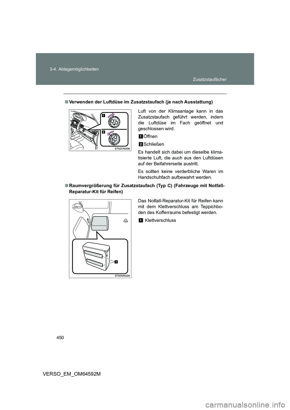 TOYOTA VERSO 2016  Betriebsanleitungen (in German) 450 
3-4. Ablagemöglichkeiten
VERSO_EM_OM64592M
■ Verwenden der Luftdüse im Zusatzstaufach (je nach Ausstattung) 
■ Raumvergrößerung für Zusatzstaufach (Typ C) (Fahrzeuge mit Notfall- 
Repara