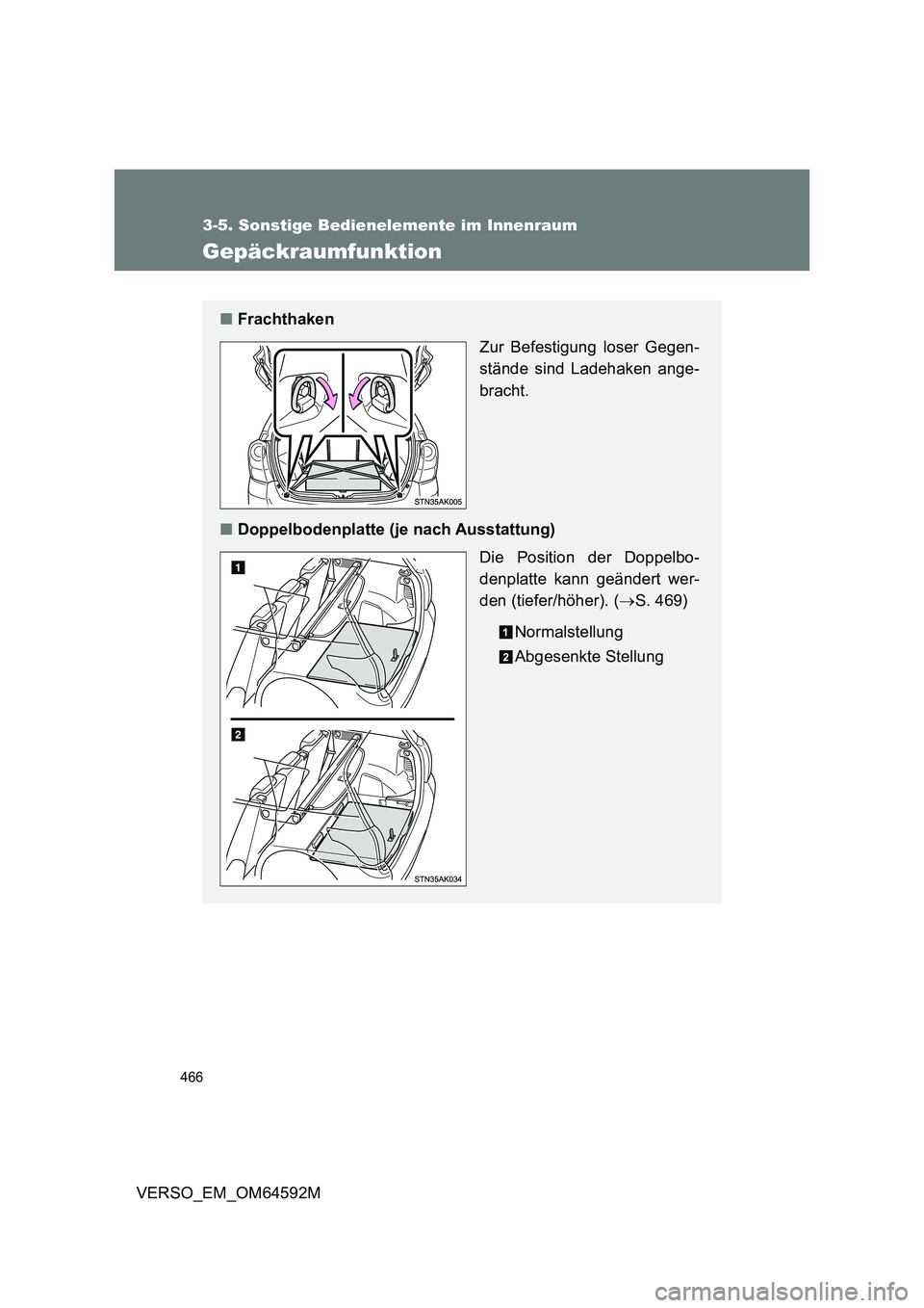TOYOTA VERSO 2016  Betriebsanleitungen (in German) 466
3-5. Sonstige Bedienelemente im Innenraum
VERSO_EM_OM64592M
Gepäckraumfunktion
■Frachthaken 
Zur Befestigung loser Gegen- 
stände sind Ladehaken ange- 
bracht. 
■ Doppelbodenplatte (je nach 