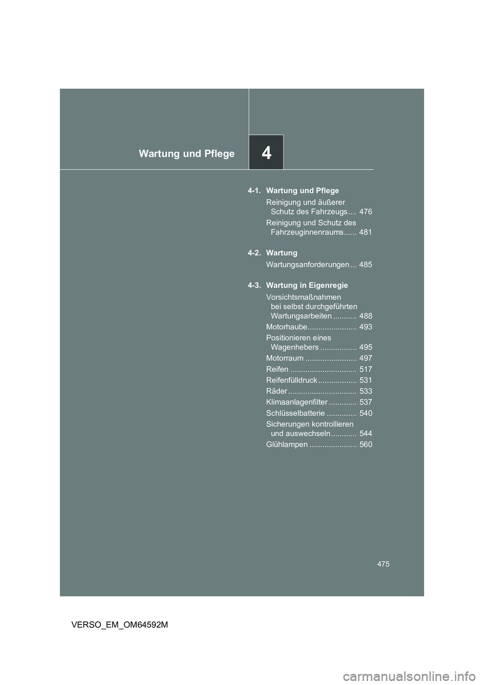 TOYOTA VERSO 2016 Betriebsanleitungen (in German) 4Wartung und Pflege
475
VERSO_EM_OM64592M
4-1. Wartung und Pflege
Reinigung und äußerer
Schutz des Fahrzeugs .... 476
Reinigung und Schutz des
Fahrzeuginnenraums...... 481
4-2. Wartung
War TOYOTA VERSO 2016 Betriebsanleitungen (in German) 4Wartung und Pflege
475
VERSO_EM_OM64592M
4-1. Wartung und Pflege
Reinigung und äußerer
Schutz des Fahrzeugs .... 476
Reinigung und Schutz des
Fahrzeuginnenraums...... 481
4-2. Wartung
War