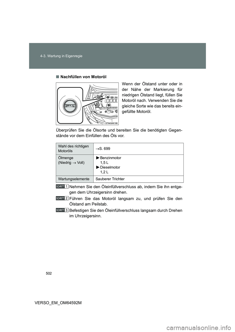 TOYOTA VERSO 2016 Betriebsanleitungen (in German) 502
4-3. Wartung in Eigenregie
VERSO_EM_OM64592M
■ Nachfüllen von Motoröl
Wenn der Ölstand unter oder in
der Nähe der Markierung für
niedrigen Ölstand liegt, füllen Sie
Motoröl nach. Ve TOYOTA VERSO 2016 Betriebsanleitungen (in German) 502
4-3. Wartung in Eigenregie
VERSO_EM_OM64592M
■ Nachfüllen von Motoröl
Wenn der Ölstand unter oder in
der Nähe der Markierung für
niedrigen Ölstand liegt, füllen Sie
Motoröl nach. Ve