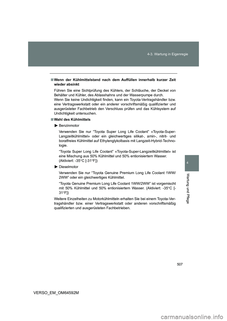 TOYOTA VERSO 2016 Betriebsanleitungen (in German) 507
4-3. Wartung in Eigenregie
4
Wartung und Pflege
VERSO_EM_OM64592M
■ Wenn der Kühlmittelstand nach dem Auffüllen innerhalb kurzer Zeit
wieder absinkt
Führen Sie eine Sichtprüfung des Kühl TOYOTA VERSO 2016 Betriebsanleitungen (in German) 507
4-3. Wartung in Eigenregie
4
Wartung und Pflege
VERSO_EM_OM64592M
■ Wenn der Kühlmittelstand nach dem Auffüllen innerhalb kurzer Zeit
wieder absinkt
Führen Sie eine Sichtprüfung des Kühl