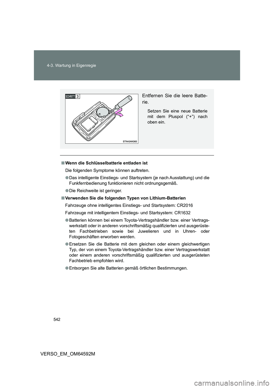 TOYOTA VERSO 2016 Betriebsanleitungen (in German) 542
4-3. Wartung in Eigenregie
VERSO_EM_OM64592M
■ Wenn die Schlüsselbatterie entladen ist
Die folgenden Symptome können auftreten.
● Das intelligente Einstiegs- und Startsystem (je nach Ausst TOYOTA VERSO 2016 Betriebsanleitungen (in German) 542
4-3. Wartung in Eigenregie
VERSO_EM_OM64592M
■ Wenn die Schlüsselbatterie entladen ist
Die folgenden Symptome können auftreten.
● Das intelligente Einstiegs- und Startsystem (je nach Ausst