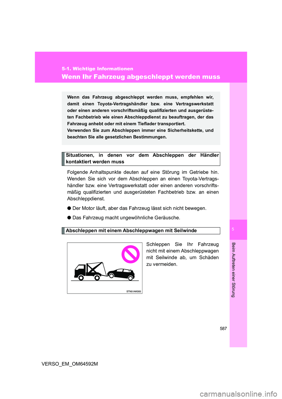 TOYOTA VERSO 2016  Betriebsanleitungen (in German) 5
587
5-1. Wichtige Informationen
Beim Auftreten einer Störung
VERSO_EM_OM64592M
Wenn Ihr Fahrzeug abgeschleppt werden muss
Situationen, in denen vor dem Abschleppen der Händler 
kontaktiert werden 