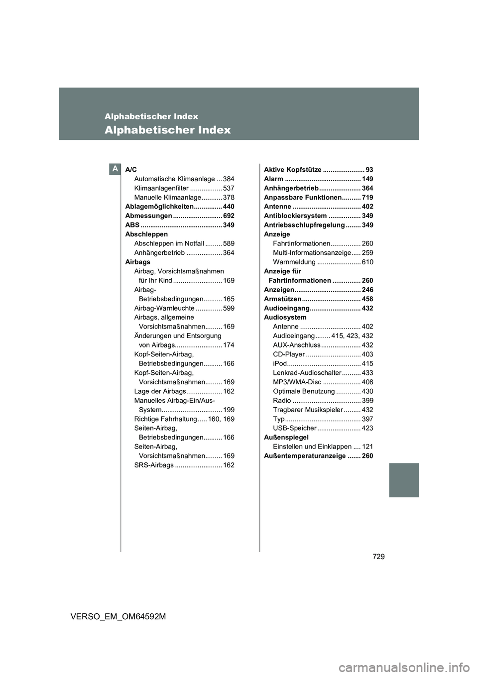 TOYOTA VERSO 2016 Betriebsanleitungen (in German) 729
VERSO_EM_OM64592M
Alphabetischer Index
Alphabetischer Index
A/C
Automatische Klimaanlage ... 384
Klimaanlagenfilter ................. 537
Manuelle Klimaanlage........... 378
Ablagemöglichkeiten TOYOTA VERSO 2016 Betriebsanleitungen (in German) 729
VERSO_EM_OM64592M
Alphabetischer Index
Alphabetischer Index
A/C
Automatische Klimaanlage ... 384
Klimaanlagenfilter ................. 537
Manuelle Klimaanlage........... 378
Ablagemöglichkeiten