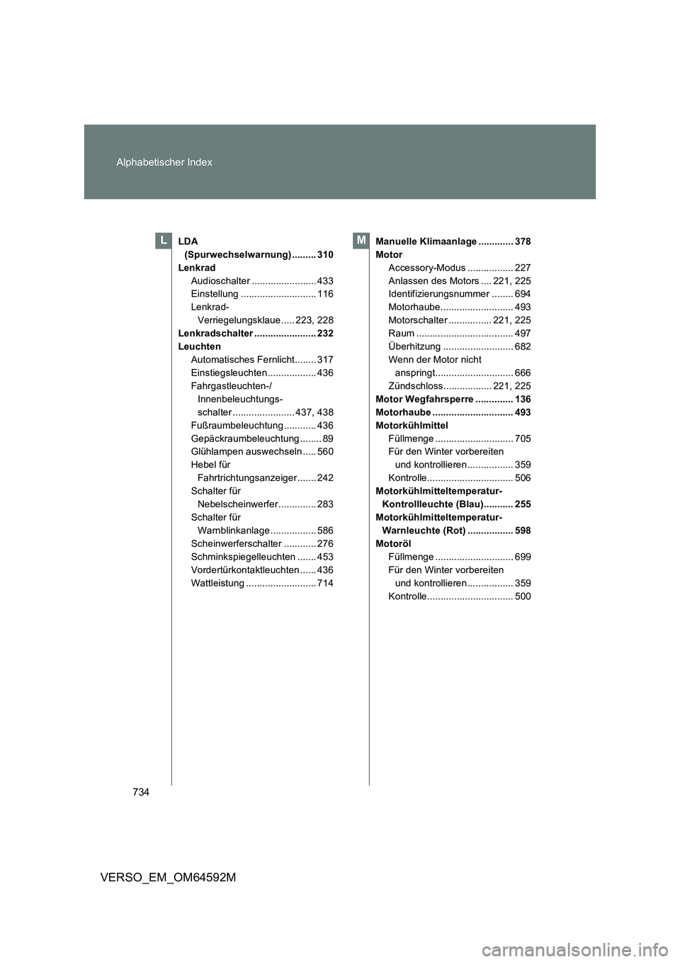 TOYOTA VERSO 2016 Betriebsanleitungen (in German) 734
Alphabetischer Index
VERSO_EM_OM64592M
LDA
(Spurwechselwarnung) ......... 310
Lenkrad
Audioschalter ........................ 433
Einstellung ............................ 116
Lenkrad-
Verriege TOYOTA VERSO 2016 Betriebsanleitungen (in German) 734
Alphabetischer Index
VERSO_EM_OM64592M
LDA
(Spurwechselwarnung) ......... 310
Lenkrad
Audioschalter ........................ 433
Einstellung ............................ 116
Lenkrad-
Verriege