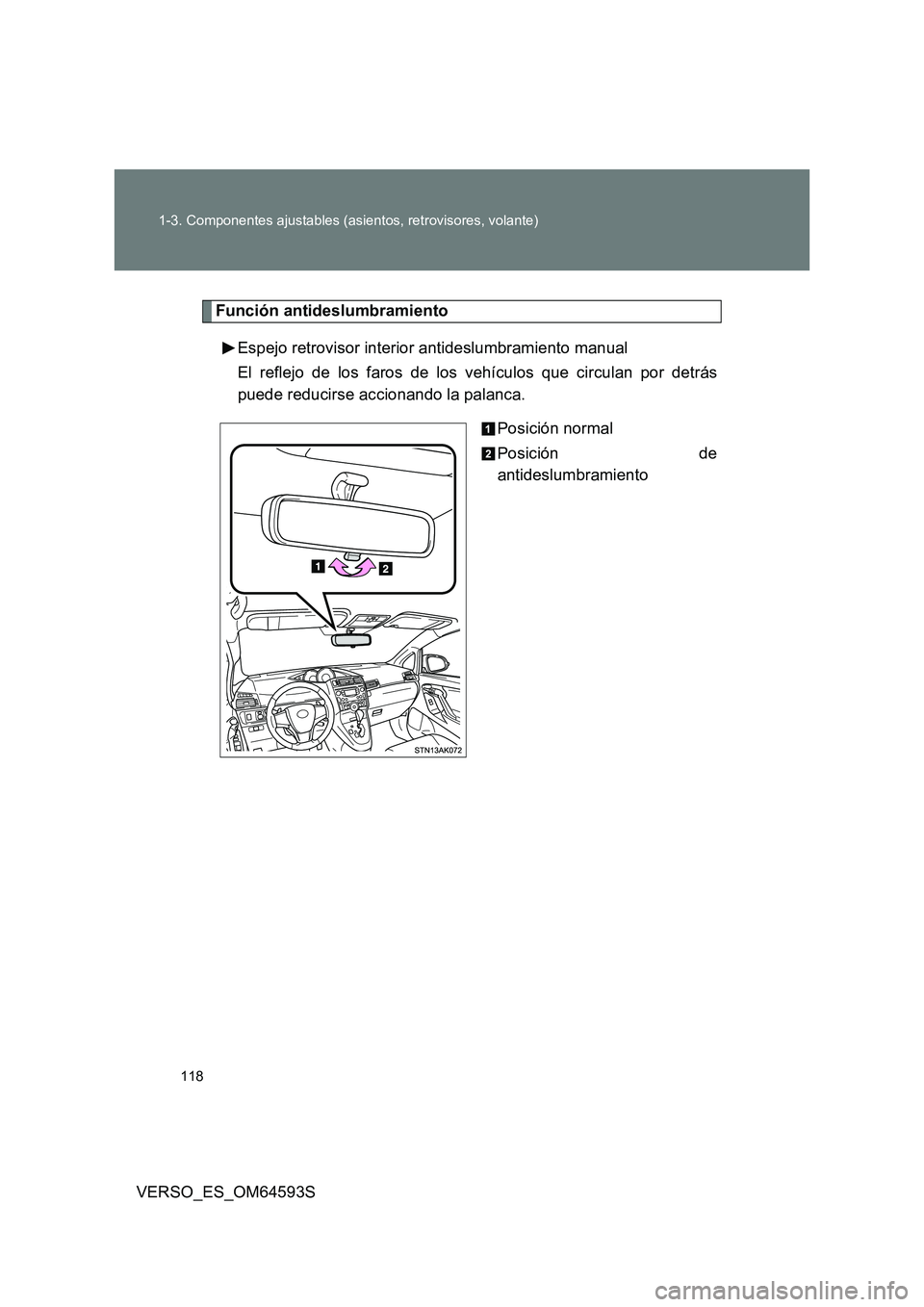 TOYOTA VERSO 2016  Manuale de Empleo (in Spanish) 118 
1-3. Componentes ajustables (asientos, retrovisores, volante)
VERSO_ES_OM64593S
Función antideslumbramiento 
Espejo retrovisor interior antideslumbramiento manual 
El reflejo de los faros de los