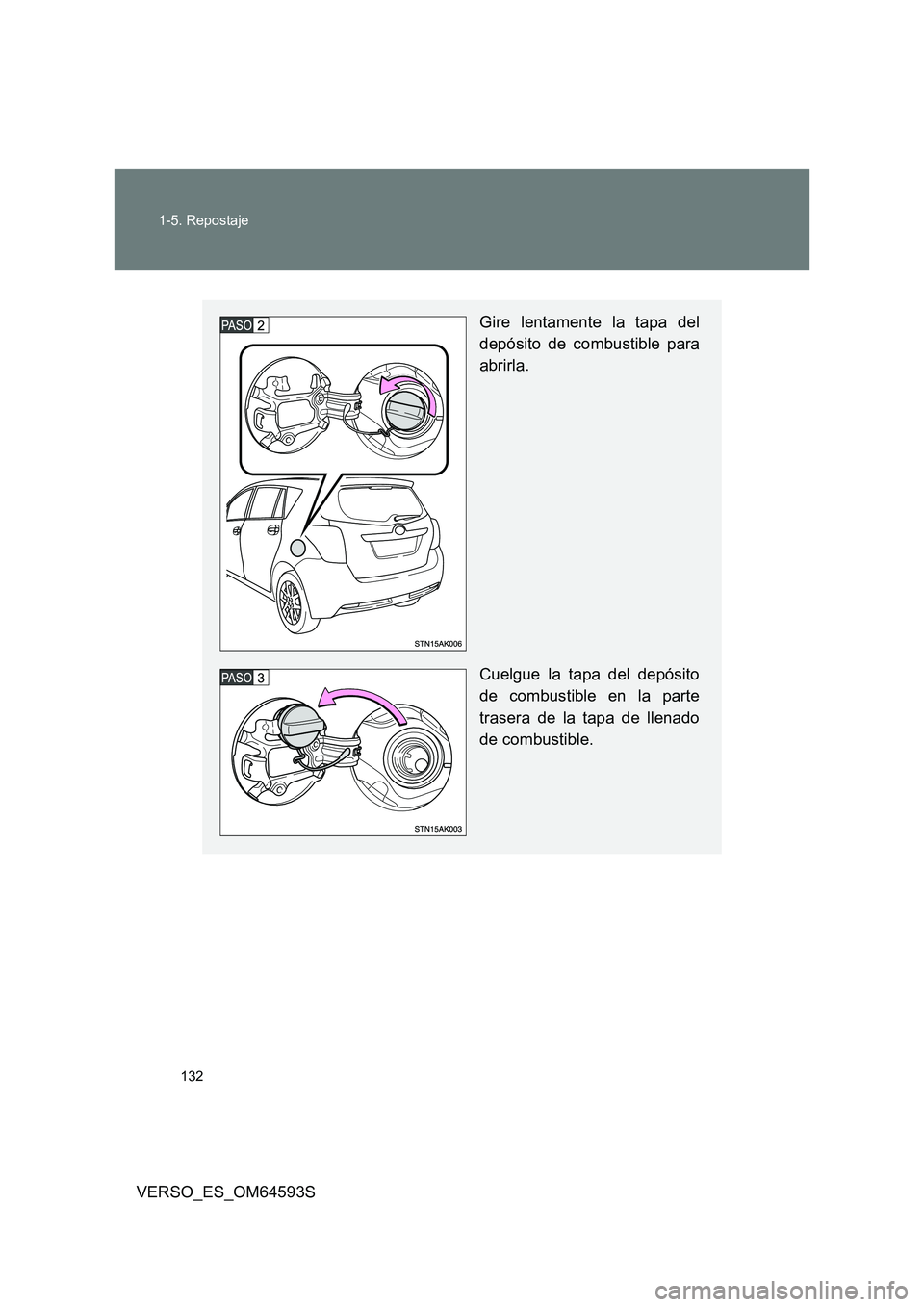 TOYOTA VERSO 2016  Manuale de Empleo (in Spanish) 132 
1-5. Repostaje
VERSO_ES_OM64593S
Gire lentamente la tapa del 
depósito de combustible para 
abrirla. 
Cuelgue la tapa del depósito 
de combustible en la parte 
trasera de la tapa de llenado
de 