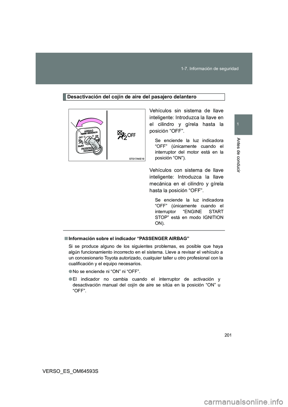 TOYOTA VERSO 2016 Manuale de Empleo (in Spanish) 201
1-7. Información de seguridad
1
Antes de conducir
VERSO_ES_OM64593S
Desactivación del cojín de aire del pasajero delantero
Vehículos sin sistema de llave
inteligente: Introduzca la llave en TOYOTA VERSO 2016 Manuale de Empleo (in Spanish) 201
1-7. Información de seguridad
1
Antes de conducir
VERSO_ES_OM64593S
Desactivación del cojín de aire del pasajero delantero
Vehículos sin sistema de llave
inteligente: Introduzca la llave en