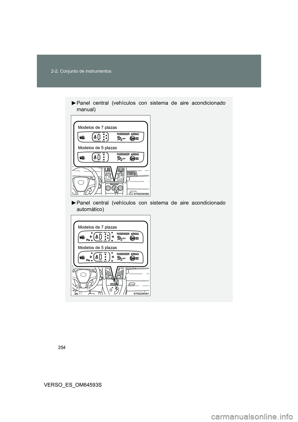 TOYOTA VERSO 2016 Manuale de Empleo (in Spanish) 254
2-2. Conjunto de instrumentos
VERSO_ES_OM64593S
Panel central (vehículos con sistema de aire acondicionado
manual)
Panel central (vehículos con sistema de aire acondicionado
automático)
Mod TOYOTA VERSO 2016 Manuale de Empleo (in Spanish) 254
2-2. Conjunto de instrumentos
VERSO_ES_OM64593S
Panel central (vehículos con sistema de aire acondicionado
manual)
Panel central (vehículos con sistema de aire acondicionado
automático)
Mod