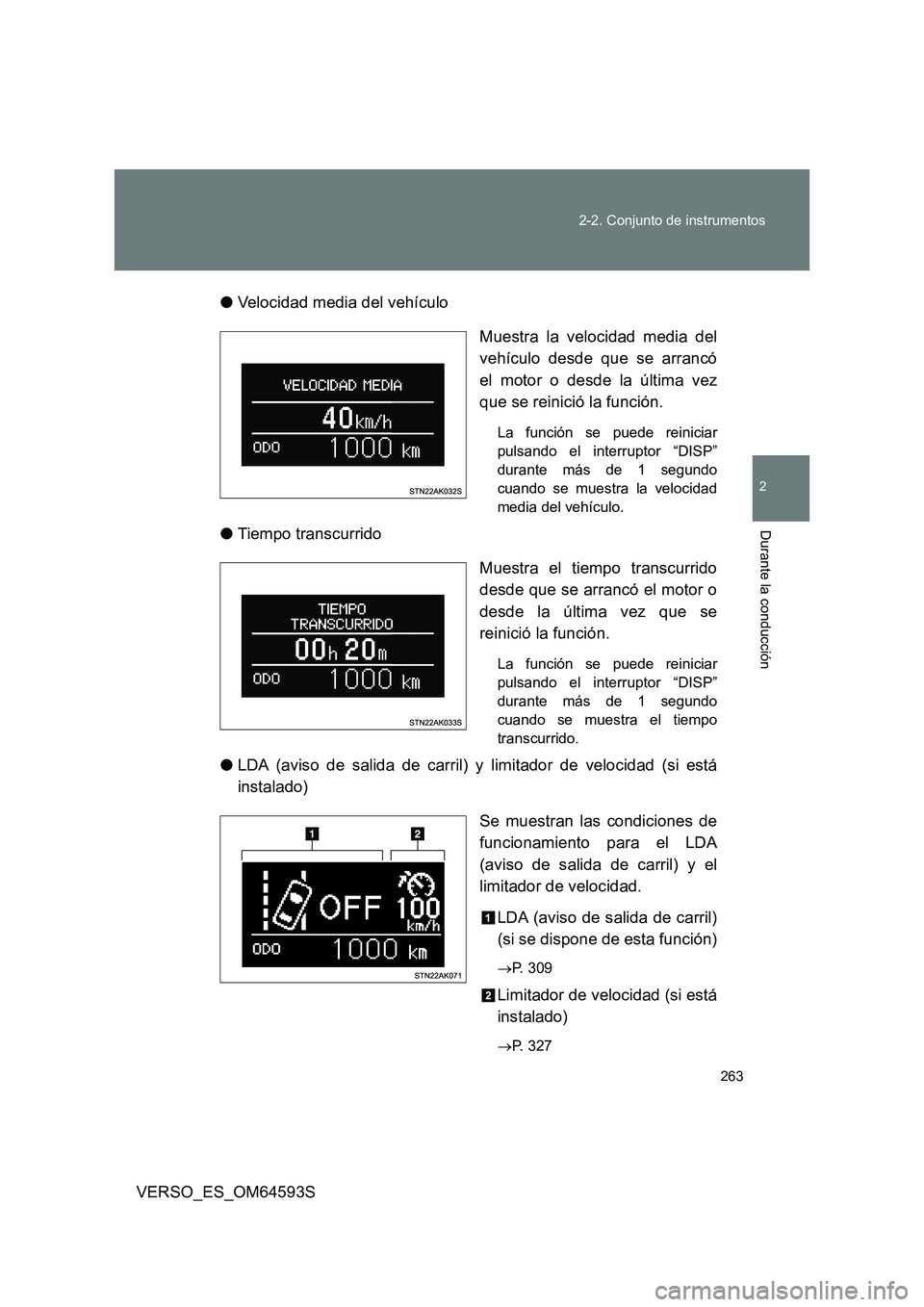 TOYOTA VERSO 2016 Manuale de Empleo (in Spanish) 263
2-2. Conjunto de instrumentos
2
Durante la conducción
VERSO_ES_OM64593S
● Velocidad media del vehículo
Muestra la velocidad media del
vehículo desde que se arrancó
el motor o desde la TOYOTA VERSO 2016 Manuale de Empleo (in Spanish) 263
2-2. Conjunto de instrumentos
2
Durante la conducción
VERSO_ES_OM64593S
● Velocidad media del vehículo
Muestra la velocidad media del
vehículo desde que se arrancó
el motor o desde la
