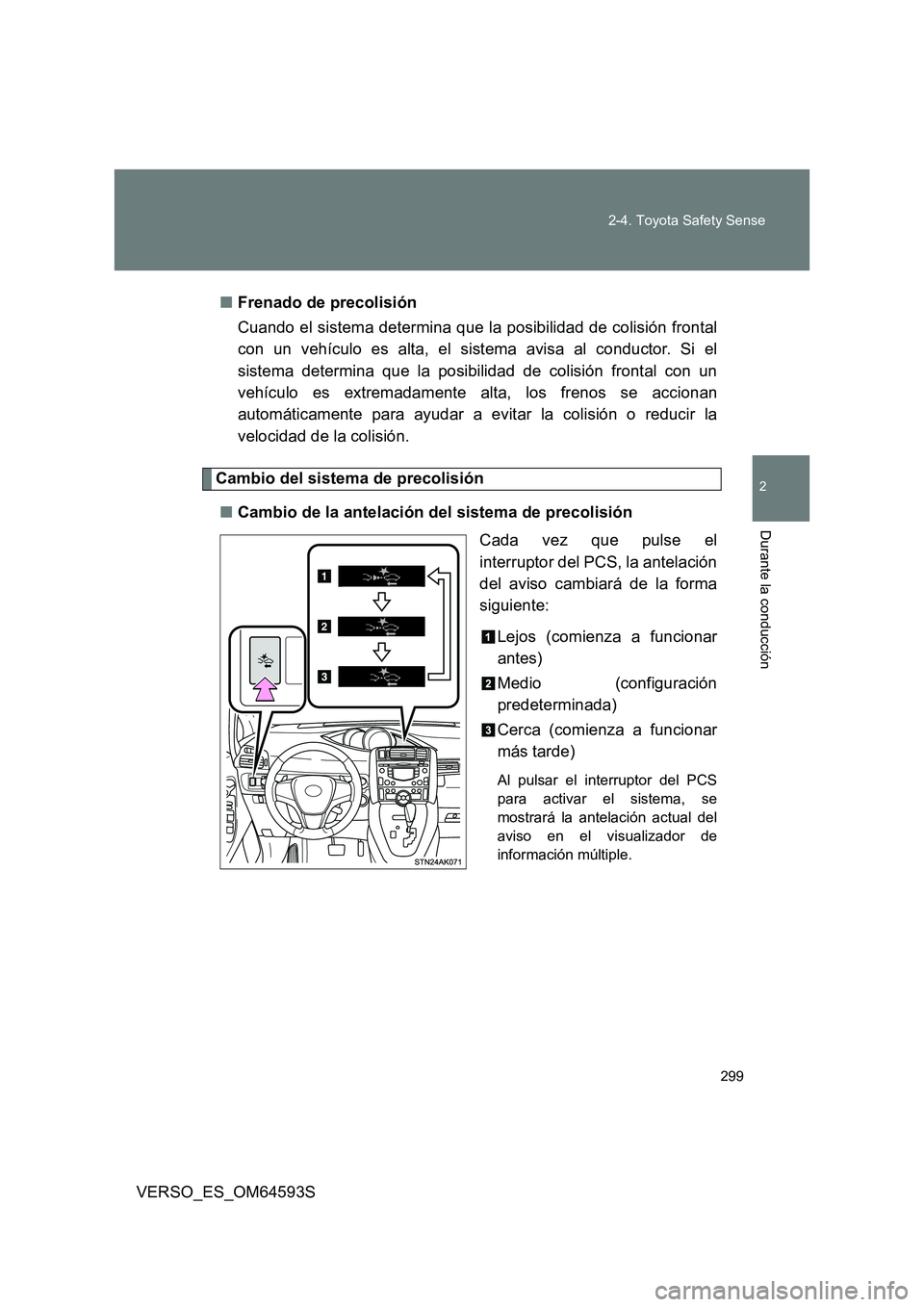 TOYOTA VERSO 2016  Manuale de Empleo (in Spanish) 299 
2-4. Toyota Safety Sense
VERSO_ES_OM64593S
2
Durante la conducción
■ Frenado de precolisión 
Cuando el sistema determina que la posibilidad de colisión frontal 
con un vehículo es alta, el 