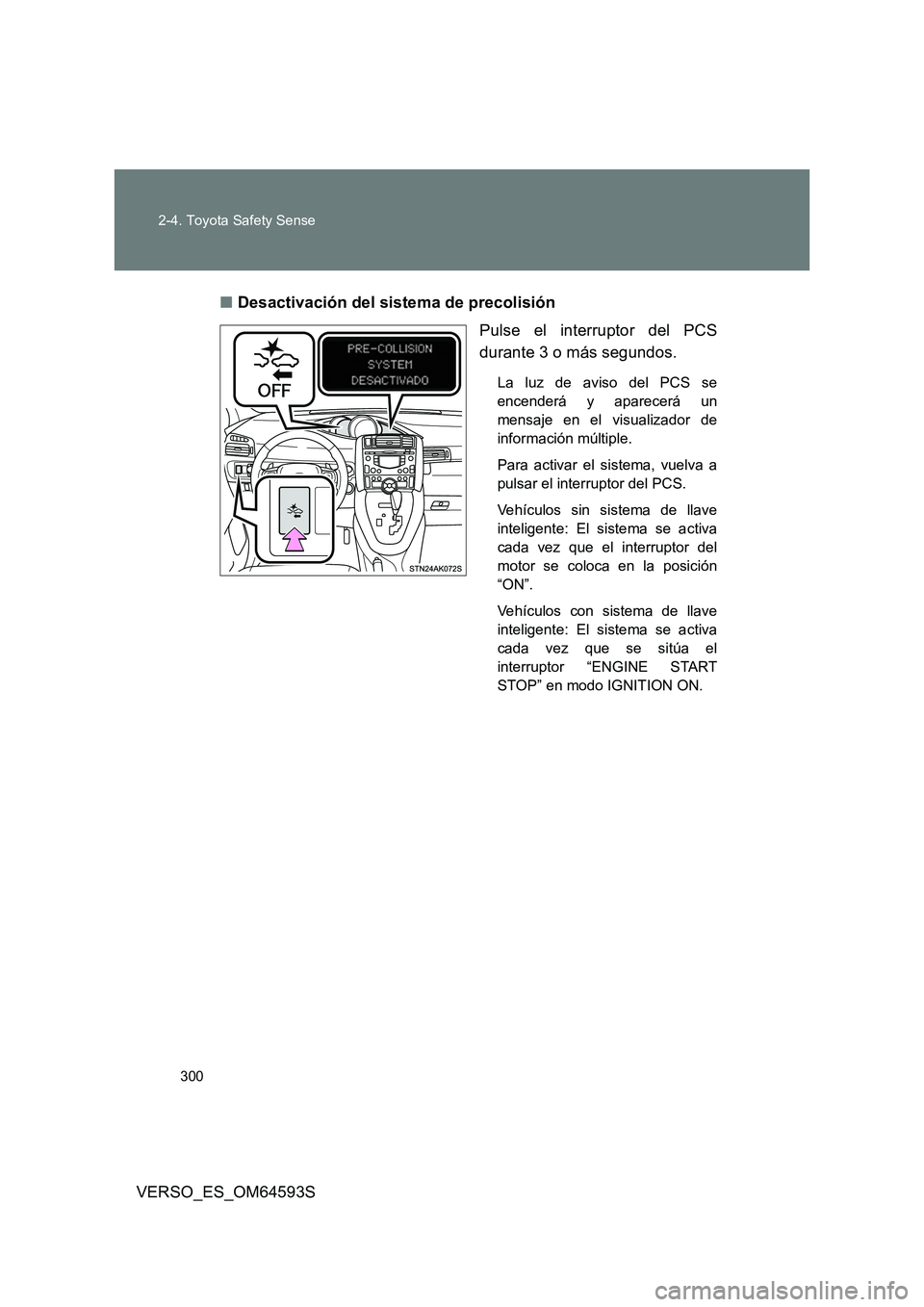 TOYOTA VERSO 2016  Manuale de Empleo (in Spanish) 300 
2-4. Toyota Safety Sense
VERSO_ES_OM64593S 
■ Desactivación del sistema de precolisión 
Pulse el interruptor del PCS 
durante 3 o más segundos.
La luz de aviso del PCS se 
encenderá y apare