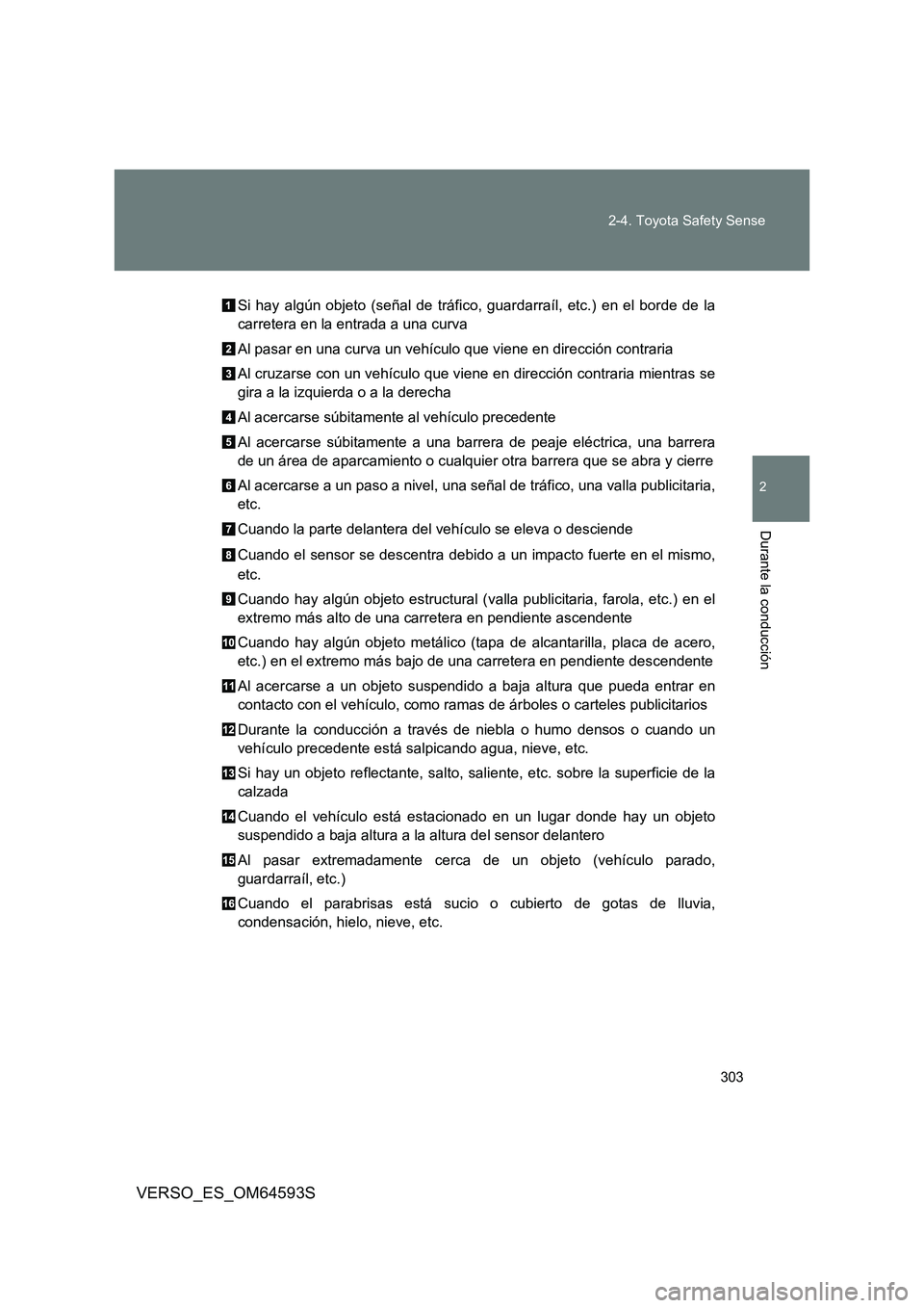 TOYOTA VERSO 2016 Manuale de Empleo (in Spanish) 303
2-4. Toyota Safety Sense
VERSO_ES_OM64593S
2
Durante la conducción
Si hay algún objeto (señal de tráfic o, guardarraíl, etc.) en el borde de la
carretera en la entrada a una curva
Al pasar TOYOTA VERSO 2016 Manuale de Empleo (in Spanish) 303
2-4. Toyota Safety Sense
VERSO_ES_OM64593S
2
Durante la conducción
Si hay algún objeto (señal de tráfic o, guardarraíl, etc.) en el borde de la
carretera en la entrada a una curva
Al pasar
