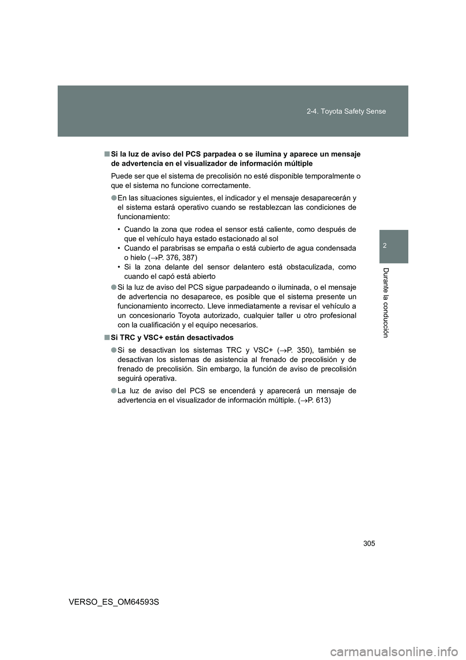 TOYOTA VERSO 2016 Manuale de Empleo (in Spanish) 305
2-4. Toyota Safety Sense
VERSO_ES_OM64593S
2
Durante la conducción
■ Si la luz de aviso del PCS parpadea o se ilumina y aparece un mensaje
de advertencia en el visualizador de información m TOYOTA VERSO 2016 Manuale de Empleo (in Spanish) 305
2-4. Toyota Safety Sense
VERSO_ES_OM64593S
2
Durante la conducción
■ Si la luz de aviso del PCS parpadea o se ilumina y aparece un mensaje
de advertencia en el visualizador de información m