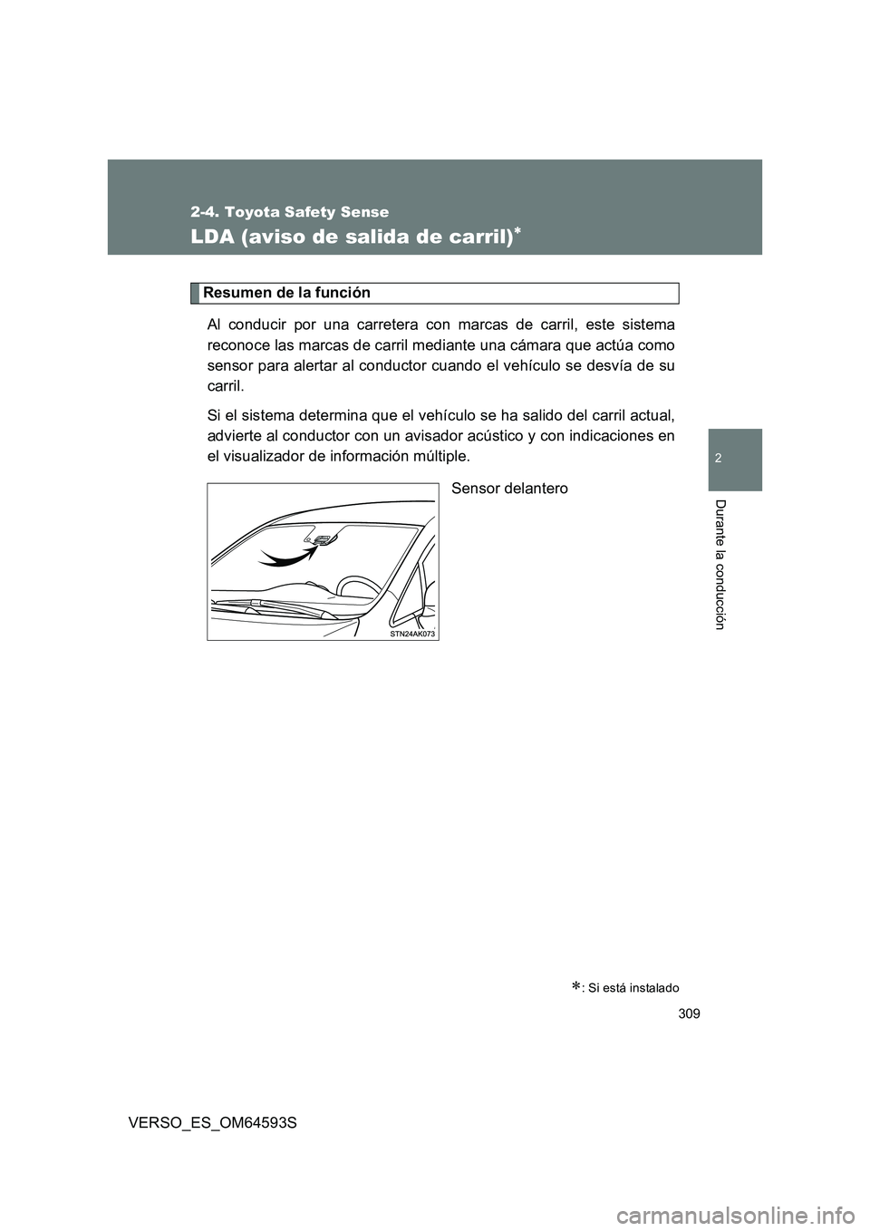 TOYOTA VERSO 2016 Manuale de Empleo (in Spanish) 309
2-4. Toyota Safety Sense
VERSO_ES_OM64593S
2
Durante la conducción
LDA (aviso de salida de carril)
Resumen de la función
Al conducir por una carretera con marcas de carril, este sistema
rec TOYOTA VERSO 2016 Manuale de Empleo (in Spanish) 309
2-4. Toyota Safety Sense
VERSO_ES_OM64593S
2
Durante la conducción
LDA (aviso de salida de carril)
Resumen de la función
Al conducir por una carretera con marcas de carril, este sistema
rec
