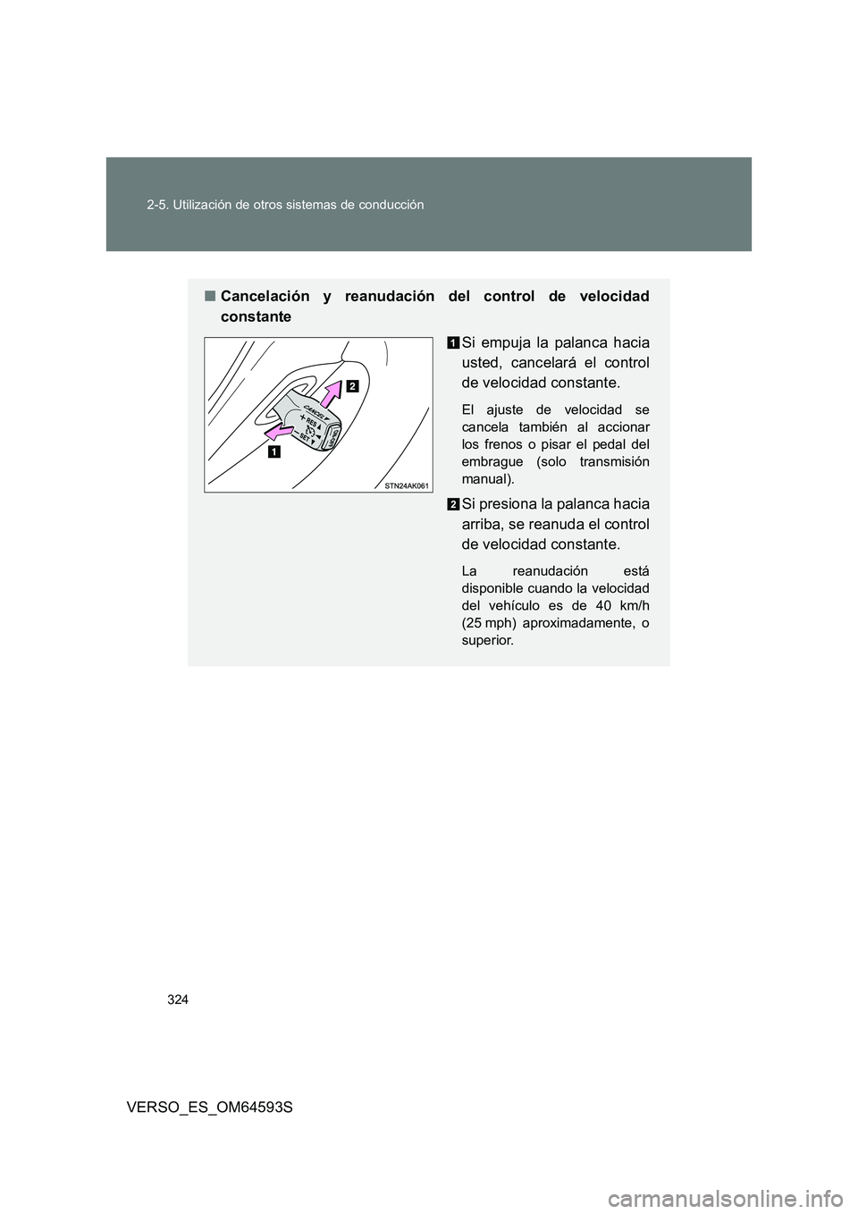 TOYOTA VERSO 2016 Manuale de Empleo (in Spanish) 324
2-5. Utilización de otros sistemas de conducción
VERSO_ES_OM64593S
■ Cancelación y reanudación del control de velocidad
constante
Si empuja la palanca hacia
usted, cancelará el control TOYOTA VERSO 2016 Manuale de Empleo (in Spanish) 324
2-5. Utilización de otros sistemas de conducción
VERSO_ES_OM64593S
■ Cancelación y reanudación del control de velocidad
constante
Si empuja la palanca hacia
usted, cancelará el control