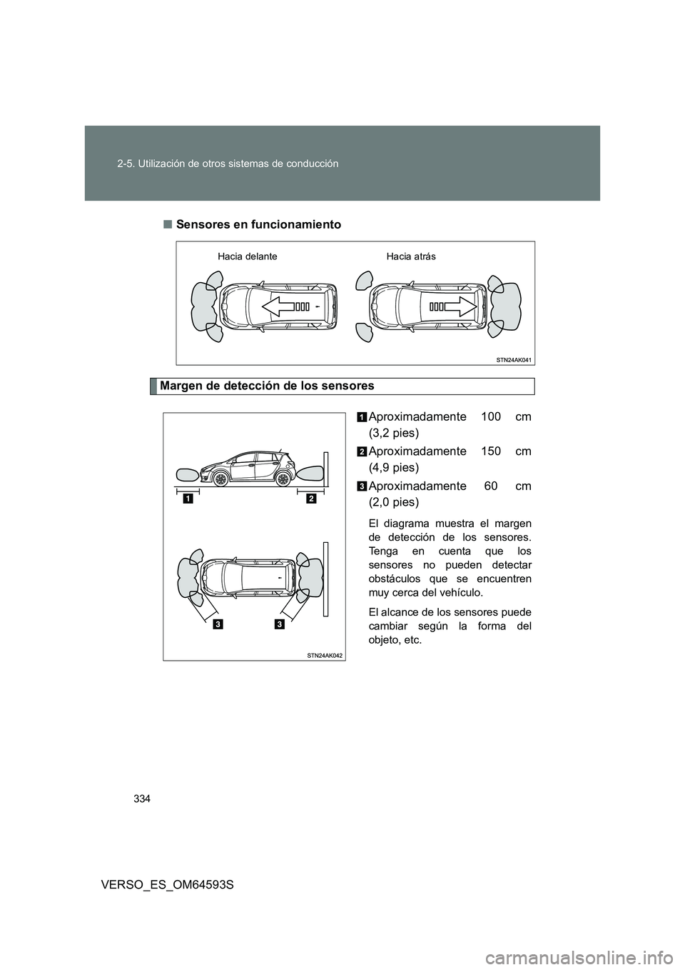 TOYOTA VERSO 2016 Manuale de Empleo (in Spanish) 334
2-5. Utilización de otros sistemas de conducción
VERSO_ES_OM64593S
■ Sensores en funcionamiento
Margen de detección de los sensores
Aproximadamente 100 cm
(3,2 pies)
Aproximadamente 150 TOYOTA VERSO 2016 Manuale de Empleo (in Spanish) 334
2-5. Utilización de otros sistemas de conducción
VERSO_ES_OM64593S
■ Sensores en funcionamiento
Margen de detección de los sensores
Aproximadamente 100 cm
(3,2 pies)
Aproximadamente 150