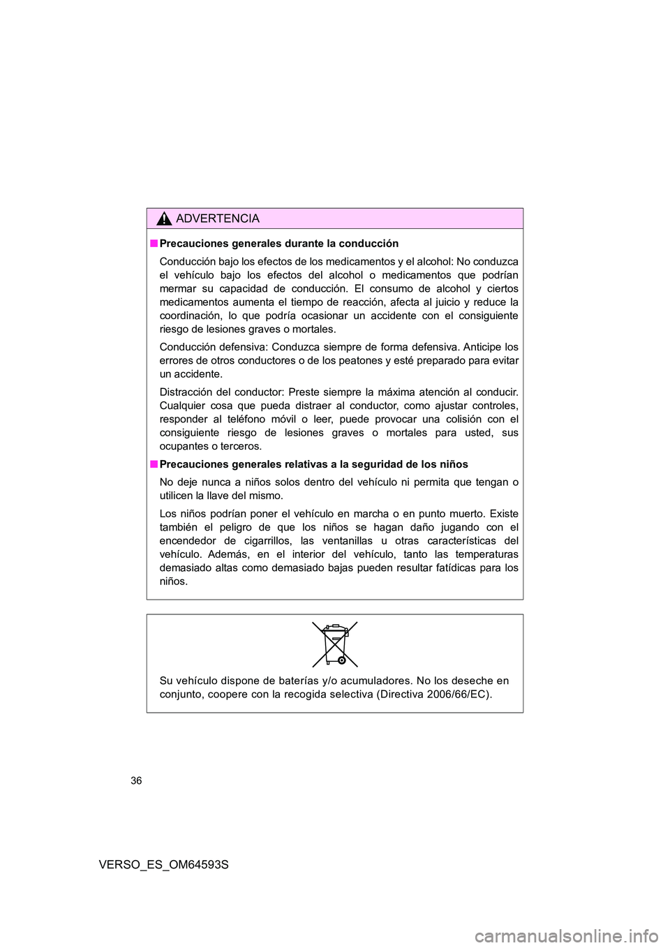 TOYOTA VERSO 2016 Manuale de Empleo (in Spanish) 36
VERSO_ES_OM64593S
ADVERTENCIA
■Precauciones generales durante la conducción
Conducción bajo los efectos de los medicamentos y el alcohol: No conduzca
el vehículo bajo los efectos del alcohol TOYOTA VERSO 2016 Manuale de Empleo (in Spanish) 36
VERSO_ES_OM64593S
ADVERTENCIA
■Precauciones generales durante la conducción
Conducción bajo los efectos de los medicamentos y el alcohol: No conduzca
el vehículo bajo los efectos del alcohol