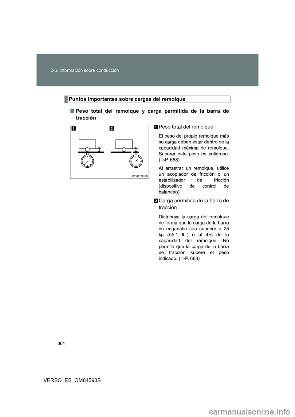 TOYOTA VERSO 2016 Manuale de Empleo (in Spanish) 364
2-6. Información sobre conducción
VERSO_ES_OM64593S
Puntos importantes sobre cargas del remolque
■ Peso total del remolque y carga permitida de la barra de
tracción
Peso total del remolqu TOYOTA VERSO 2016 Manuale de Empleo (in Spanish) 364
2-6. Información sobre conducción
VERSO_ES_OM64593S
Puntos importantes sobre cargas del remolque
■ Peso total del remolque y carga permitida de la barra de
tracción
Peso total del remolqu