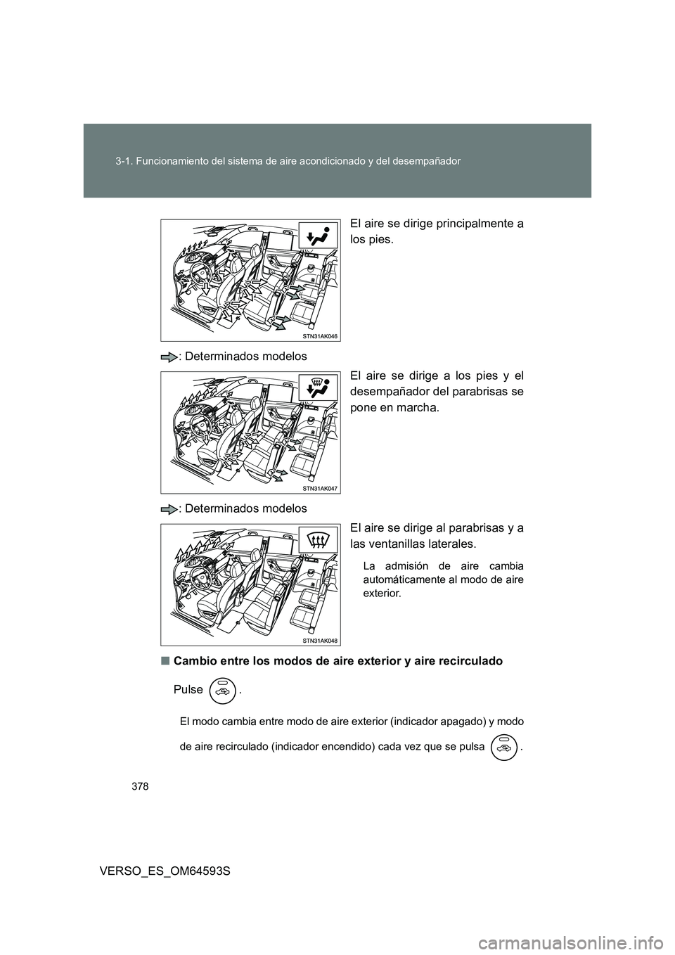 TOYOTA VERSO 2016 Manuale de Empleo (in Spanish) 378
3-1. Funcionamiento del sistema de aire acondicionado y del desempañador
VERSO_ES_OM64593S
El aire se dirige principalmente a
los pies.
: Determinados modelos
El aire se dirige a los pies y TOYOTA VERSO 2016 Manuale de Empleo (in Spanish) 378
3-1. Funcionamiento del sistema de aire acondicionado y del desempañador
VERSO_ES_OM64593S
El aire se dirige principalmente a
los pies.
: Determinados modelos
El aire se dirige a los pies y
