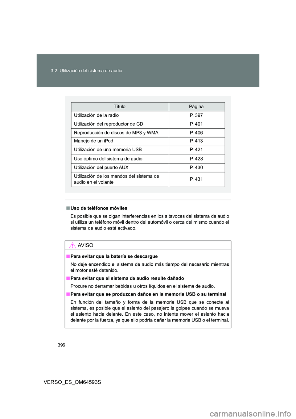TOYOTA VERSO 2016  Manuale de Empleo (in Spanish) 396 
3-2. Utilización del sistema de audio
VERSO_ES_OM64593S
■ Uso de teléfonos móviles 
Es posible que se oigan interferencias en los altavoces del sistema de audio 
si utiliza un teléfono móv