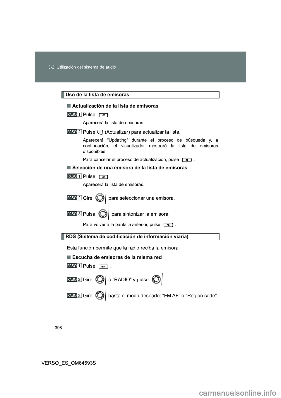 TOYOTA VERSO 2016  Manuale de Empleo (in Spanish) 398 
3-2. Utilización del sistema de audio
VERSO_ES_OM64593S
Uso de la lista de emisoras 
■ Actualización de la lista de emisoras 
Pulse .
Aparecerá la lista de emisoras.
Pulse   (Actualizar) par