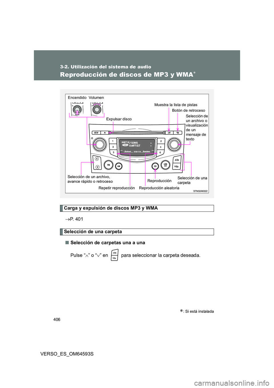 TOYOTA VERSO 2016 Manuale de Empleo (in Spanish) 406
3-2. Utilización del sistema de audio
VERSO_ES_OM64593S
Reproducción de discos de MP3 y WMA
Carga y expulsión de discos MP3 y WMA
P. 4 0 1
Selección de una carpeta
■ Selección de TOYOTA VERSO 2016 Manuale de Empleo (in Spanish) 406
3-2. Utilización del sistema de audio
VERSO_ES_OM64593S
Reproducción de discos de MP3 y WMA
Carga y expulsión de discos MP3 y WMA
P. 4 0 1
Selección de una carpeta
■ Selección de