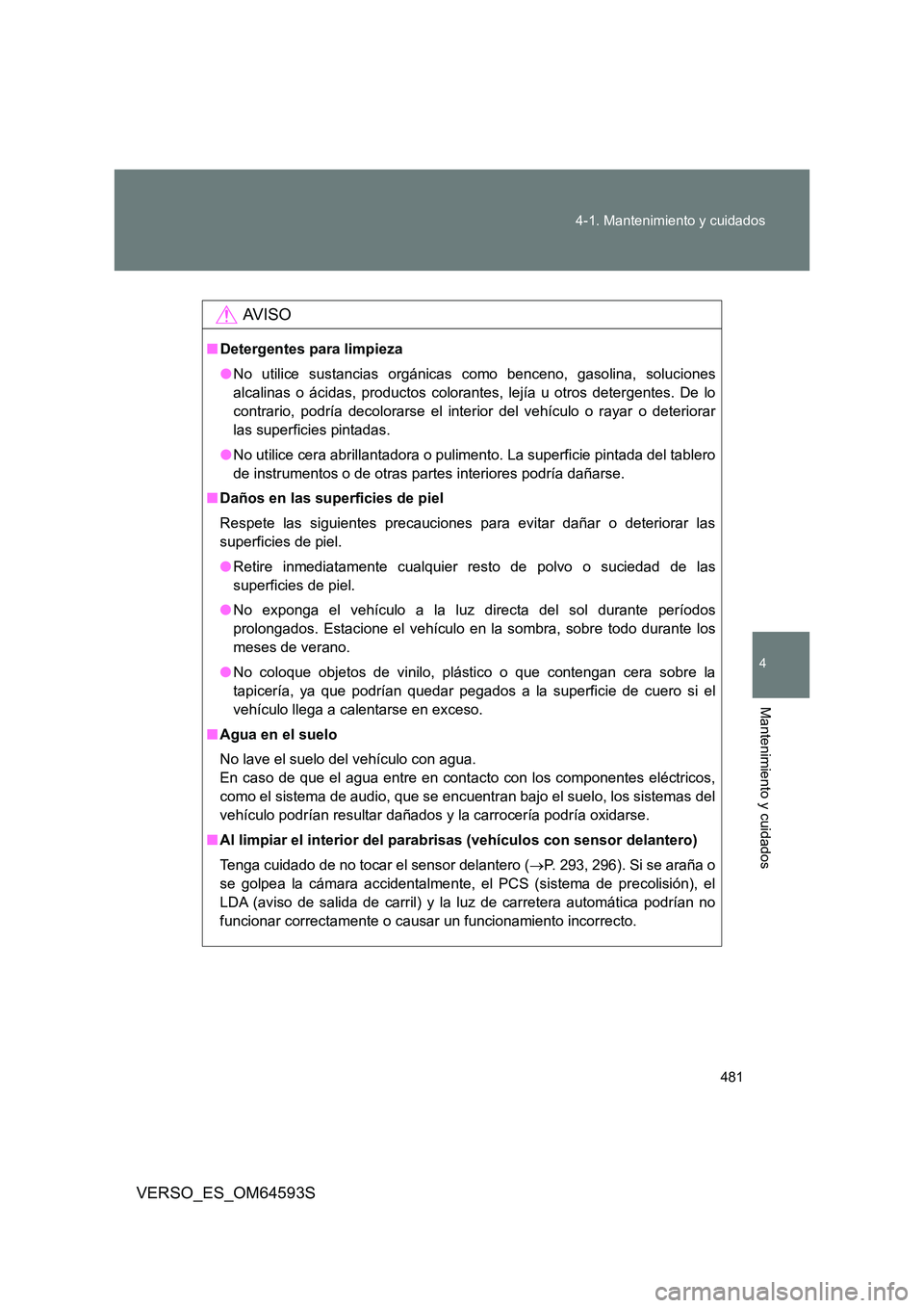 TOYOTA VERSO 2016  Manuale de Empleo (in Spanish) 481 
4-1. Mantenimiento y cuidados
4
Mantenimiento y cuidados
VERSO_ES_OM64593S
AV I S O
■ Detergentes para limpieza 
● No utilice sustancias orgánicas como benceno, gasolina, soluciones 
alcalin