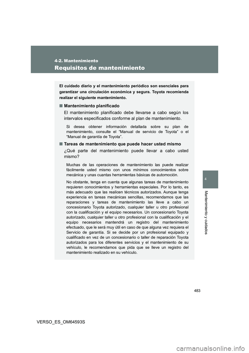 TOYOTA VERSO 2016  Manuale de Empleo (in Spanish) 483
4
Mantenimiento y cuidados
VERSO_ES_OM64593S
4-2. Mantenimiento
Requisitos de mantenimiento
El cuidado diario y el mantenimiento periódico son esenciales para 
garantizar una circulación económ