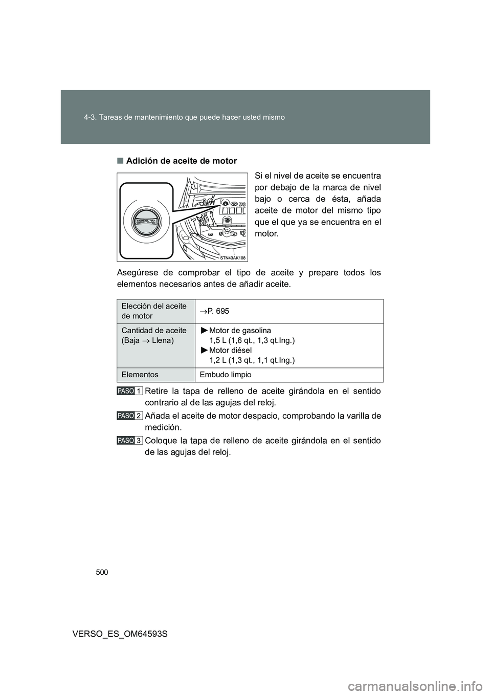 TOYOTA VERSO 2016  Manuale de Empleo (in Spanish) 500 
4-3. Tareas de mantenimiento que puede hacer usted mismo
VERSO_ES_OM64593S 
■ Adición de aceite de motor 
Si el nivel de aceite se encuentra 
por debajo de la marca de nivel
bajo o cerca de é