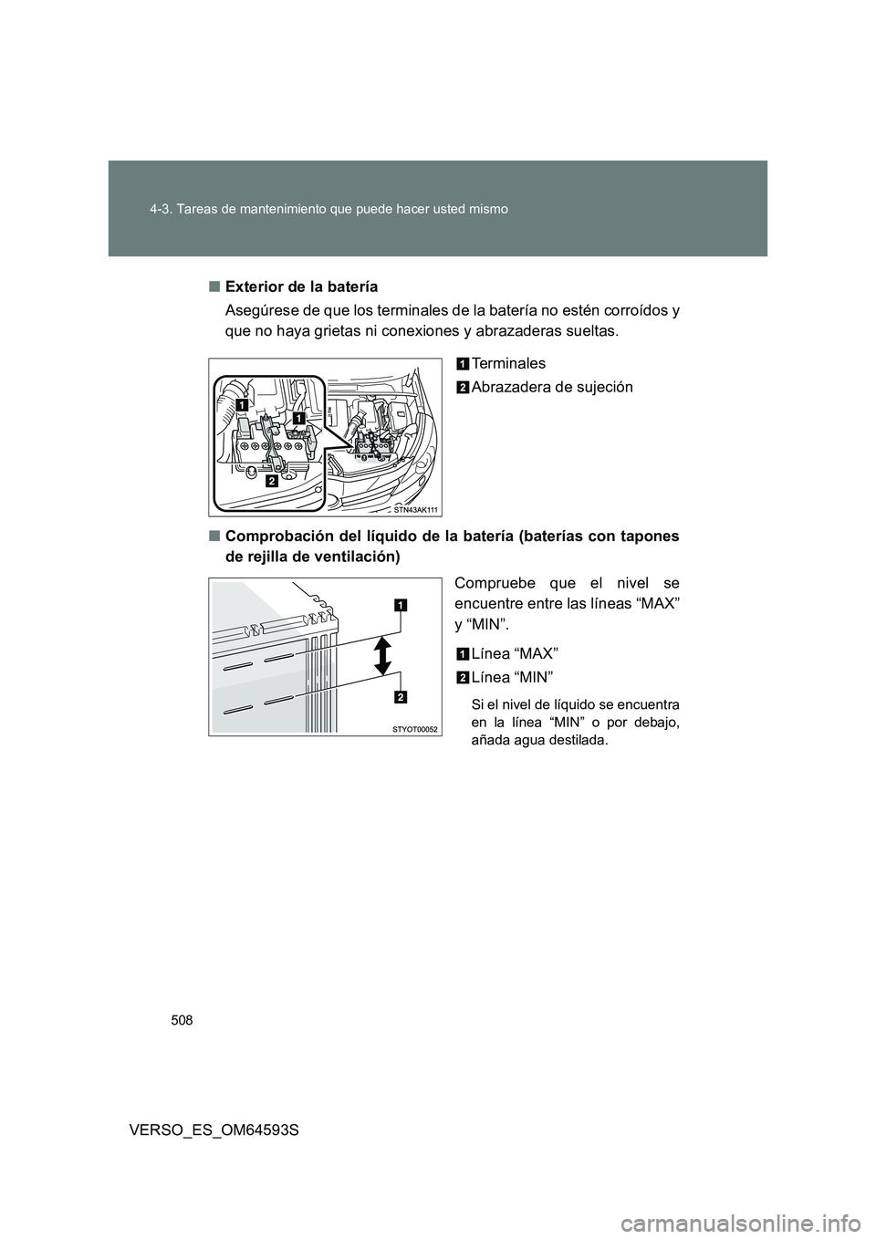 TOYOTA VERSO 2016 Manuale de Empleo (in Spanish) 508
4-3. Tareas de mantenimiento que puede hacer usted mismo
VERSO_ES_OM64593S
■ Exterior de la batería
Asegúrese de que los terminales de la batería no estén corroídos y
que no haya grieta TOYOTA VERSO 2016 Manuale de Empleo (in Spanish) 508
4-3. Tareas de mantenimiento que puede hacer usted mismo
VERSO_ES_OM64593S
■ Exterior de la batería
Asegúrese de que los terminales de la batería no estén corroídos y
que no haya grieta