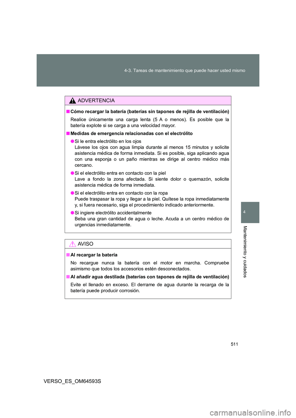 TOYOTA VERSO 2016  Manuale de Empleo (in Spanish) 511 
4-3. Tareas de mantenimiento que puede hacer usted mismo
4
Mantenimiento y cuidados
VERSO_ES_OM64593S
ADVERTENCIA
■ Cómo recargar la batería (baterías sin tapones de rejilla de ventilación)