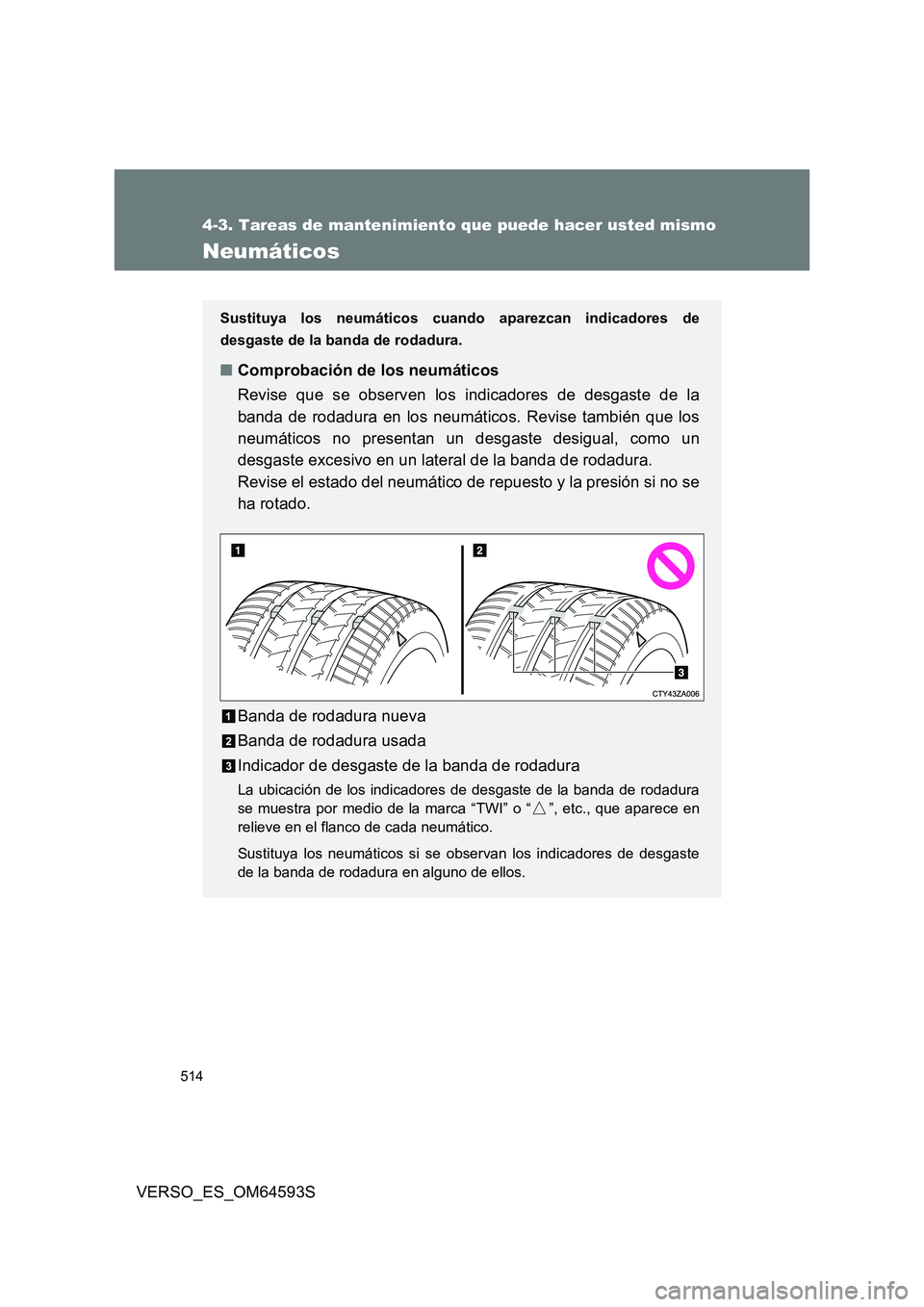 TOYOTA VERSO 2016  Manuale de Empleo (in Spanish) 514
4-3. Tareas de mantenimiento que puede hacer usted mismo
VERSO_ES_OM64593S
Neumáticos
Sustituya los neumáticos cuando aparezcan indicadores de 
desgaste de la banda de rodadura.
■ Comprobació