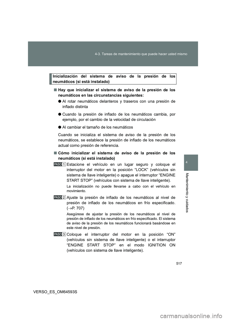 TOYOTA VERSO 2016  Manuale de Empleo (in Spanish) 517 
4-3. Tareas de mantenimiento que puede hacer usted mismo
4
Mantenimiento y cuidados
VERSO_ES_OM64593S
Inicialización del sistema de aviso de la presión de los 
neumáticos (si está instalado) 